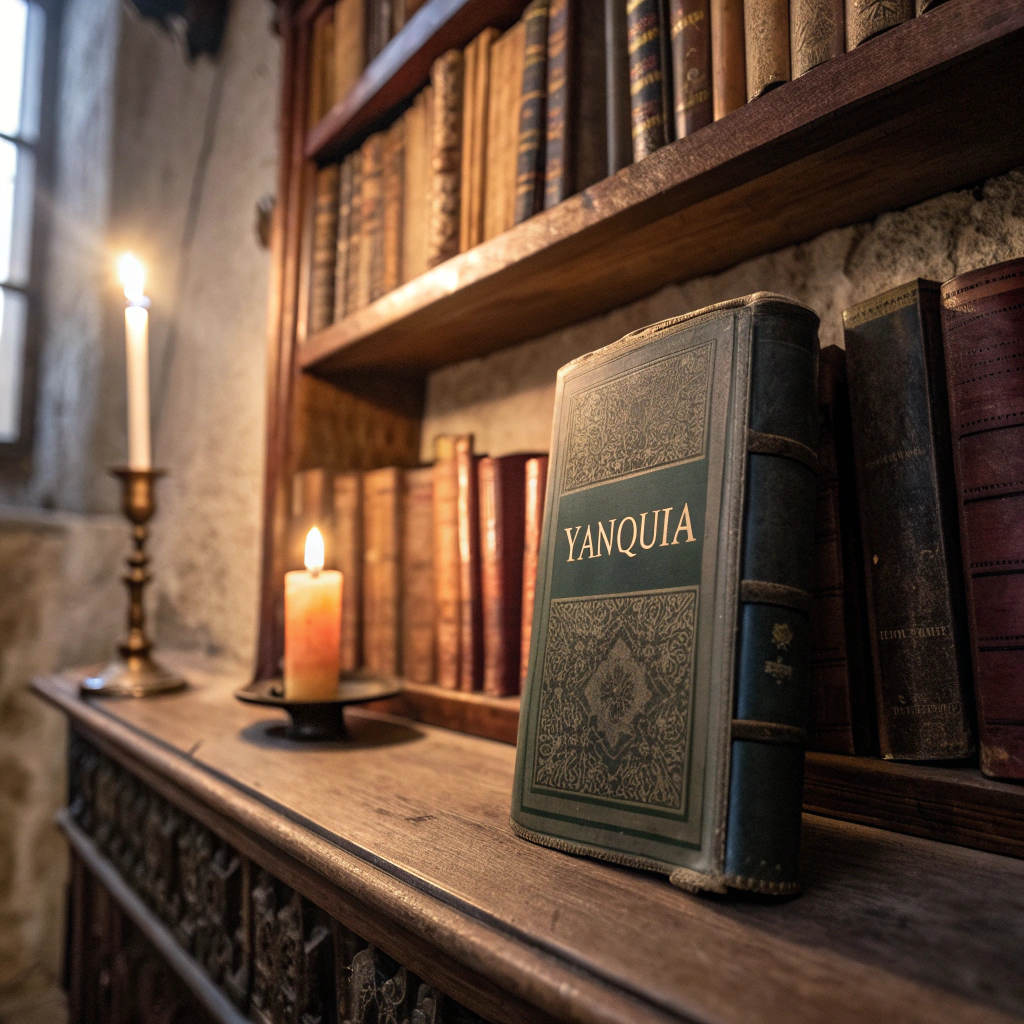 AI generated image by Red Panda AI: An ancient library with a book shelf in the focus. There is an old book with the word YANQUIZA on the cover. Soft light shines on the shelf from a candle.