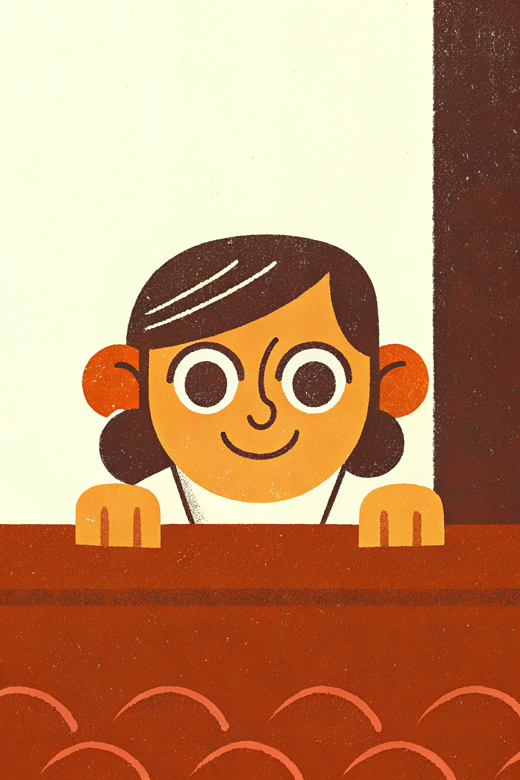AI generated image by Red Panda AI: A smiling Japanese 25 year old woman with her face peeking out at you 70% from a white wall. The taste is Japanese animation style.It is not a photograph, but a simple, strong line drawing.The background is white.
