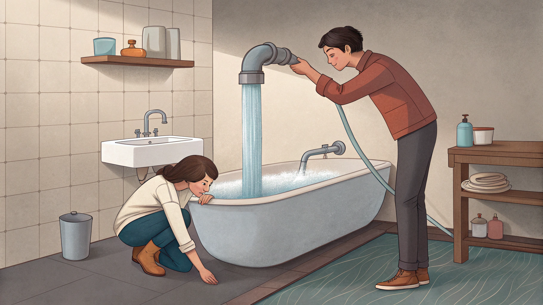 AI generated image by Red Panda AI: trying to fill a bathtub while someone else is draining it through a much larger pipe