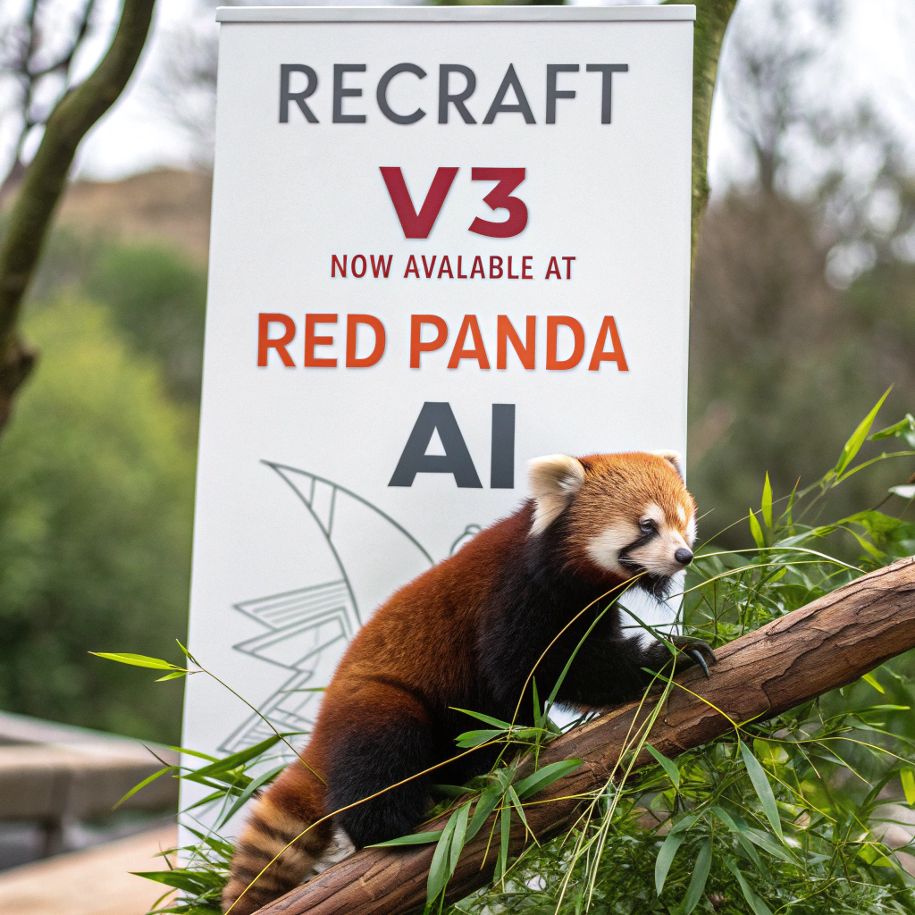 AI generated image by Red Panda AI: a red panda eating a bamboo in front of a poster that says "recraft V3 now available at red panda ai
