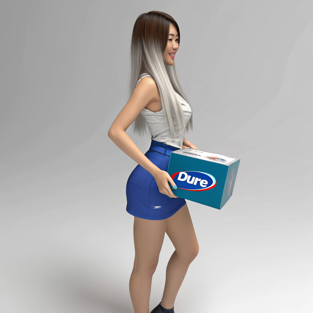 AI generated image by Red Panda AI: A 19-year-old Asian woman with a very narrow curves figure, long white and brown hair, wearing a sexy shirt, a very short blue skirt that fits snugly around her legs. She holds a a Durex condom box placed on a neutral background. The box should feature the well-known Durex logo, with vibrant colors and sleek, modern packaging. The box should have a professional and clean look, with a focus on the logo and product details. The lighting should be soft, emphasizing the smooth texture of the packaging. The box should be positioned slightly at an angle, showcasing its design and text clearly. She stands in super market