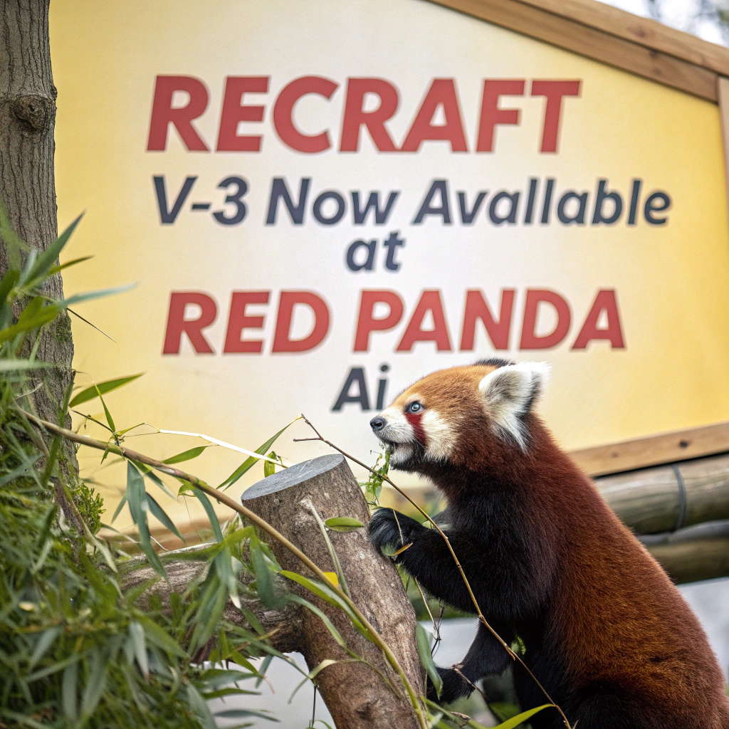 AI generated image by Red Panda AI: a red panda eating a bamboo in front of a poster that says "recraft V3 now available at red panda ai