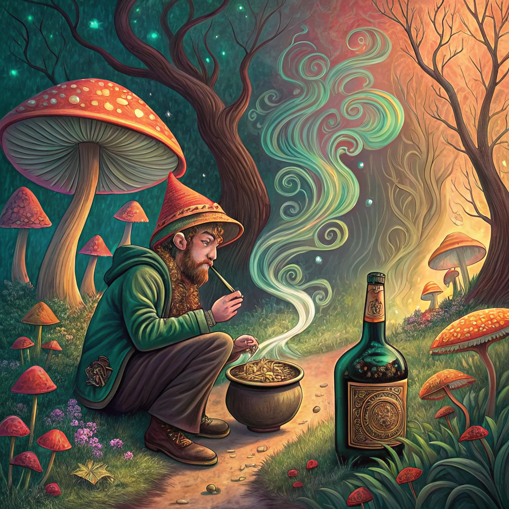 AI generated image by Red Panda AI: Duende fumando cachimbo em uma floresta de cogumelos, a direita no chão um pote de ouro e a esquerda no chão uma garrafa de whisky
Acrescente elementos psicodélicos a imagem