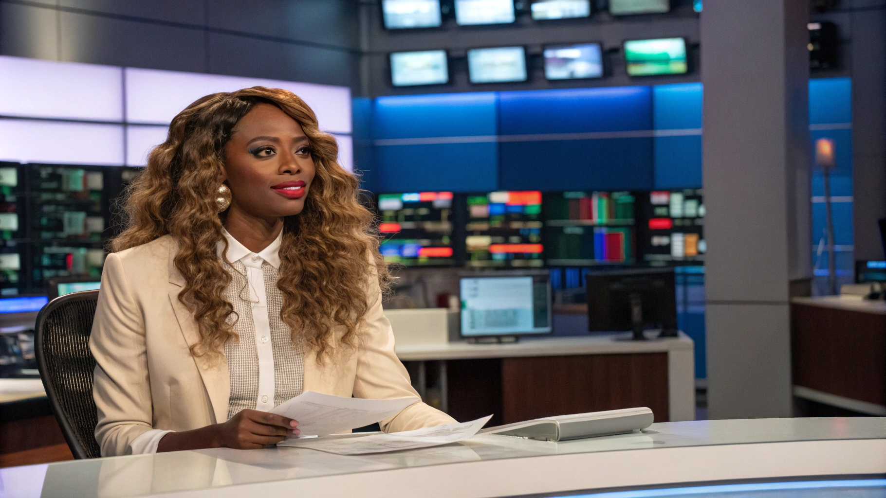 AI generated image by Red Panda AI: vogue photoshoot of a glamorous lady, in Wes Anderson style --ar 2:3 --v 5.1 -, colorful office modern colors, medium shot, true to life, showing a beautiful black woman with long hair, loose waves side part hair on left, beautiful face, realistic skin texture, wearing white sheer blouse, beige blazer, professional attire, neutral shoes, sitting at desk, face forward, perfect white teeth lips parted slight smile, Highly detailed modern newscast studio, news room, facing forward, beautiful modern newscaster background scenery, organized 3 tv monitors, (monitors with stock chart money) on desk with keyboard, minimalist decor, vibrancy, 8K, (photograph, hard light, Sony A7, 50 millimeters), (Highly detailed CG synthesis 8k wallpaper), flawless, Raw photography, Ultra HD, realistic, super-resolution