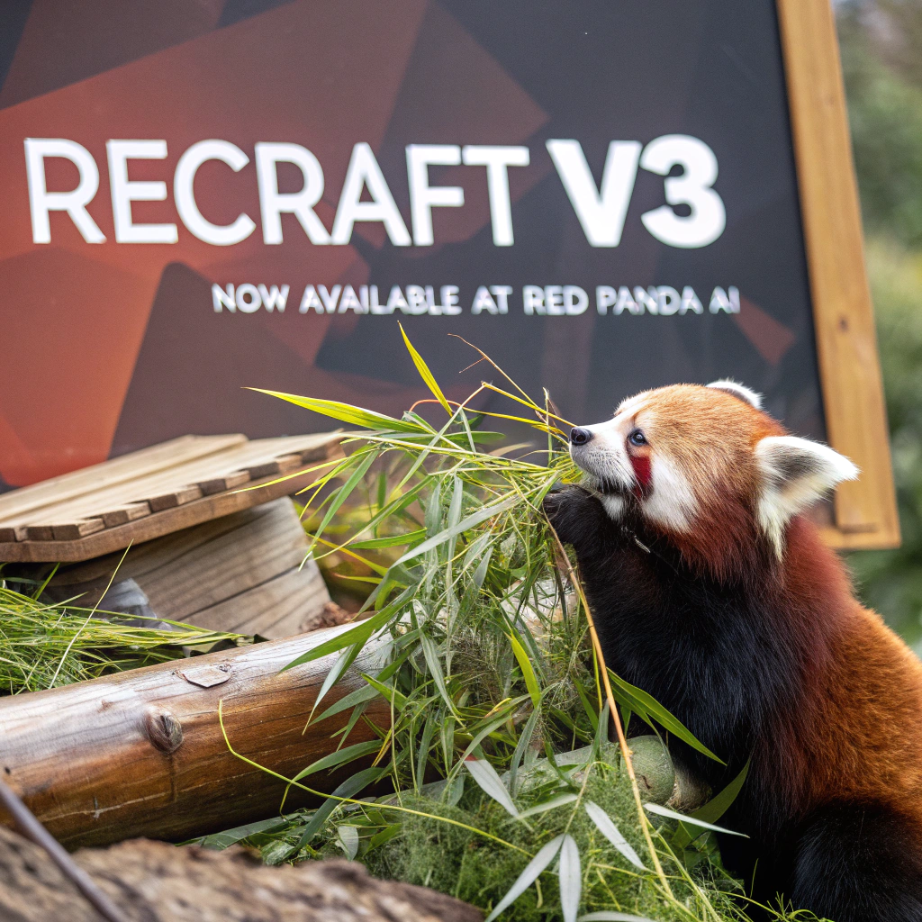 AI generated image by Red Panda AI: a red panda eating a bamboo in front of a poster that says "recraft V3 now available at red panda ai