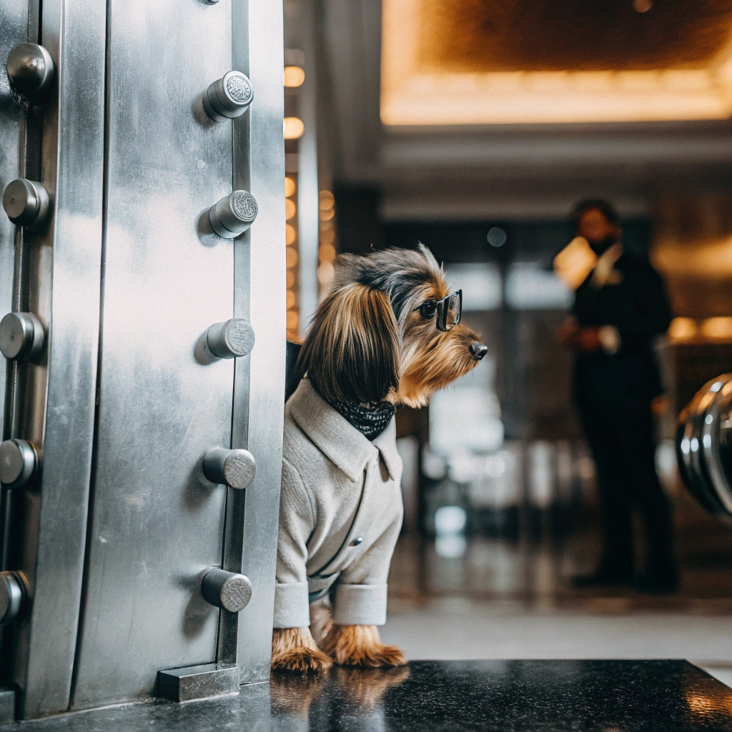 AI generated image by Red Panda AI: Una perrita que este trabajando, que es jefa de una bóveda de valores en un casino