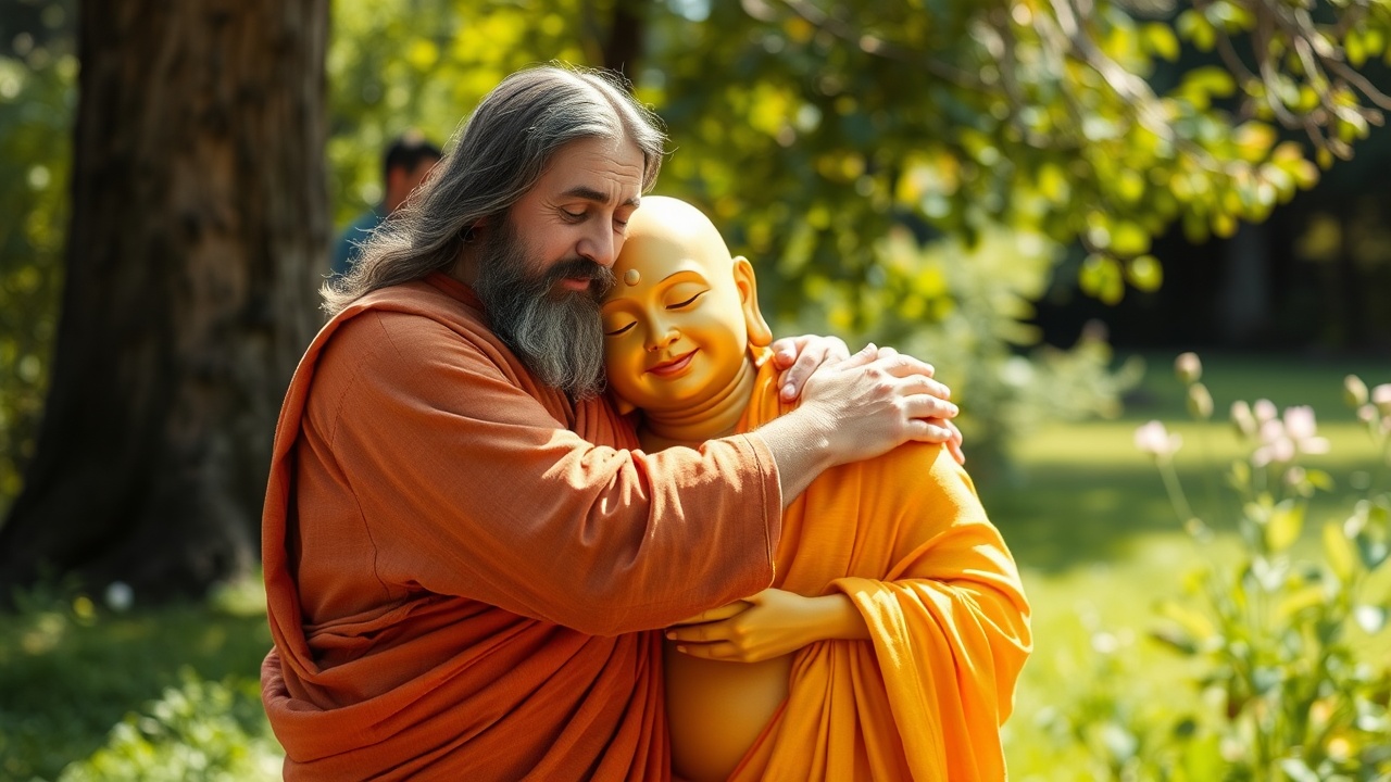 AI generated image by FLUX.1-schnell: Jesus and the buddha Gautama hugging, photo realistic, bright outdoors in a natural setting