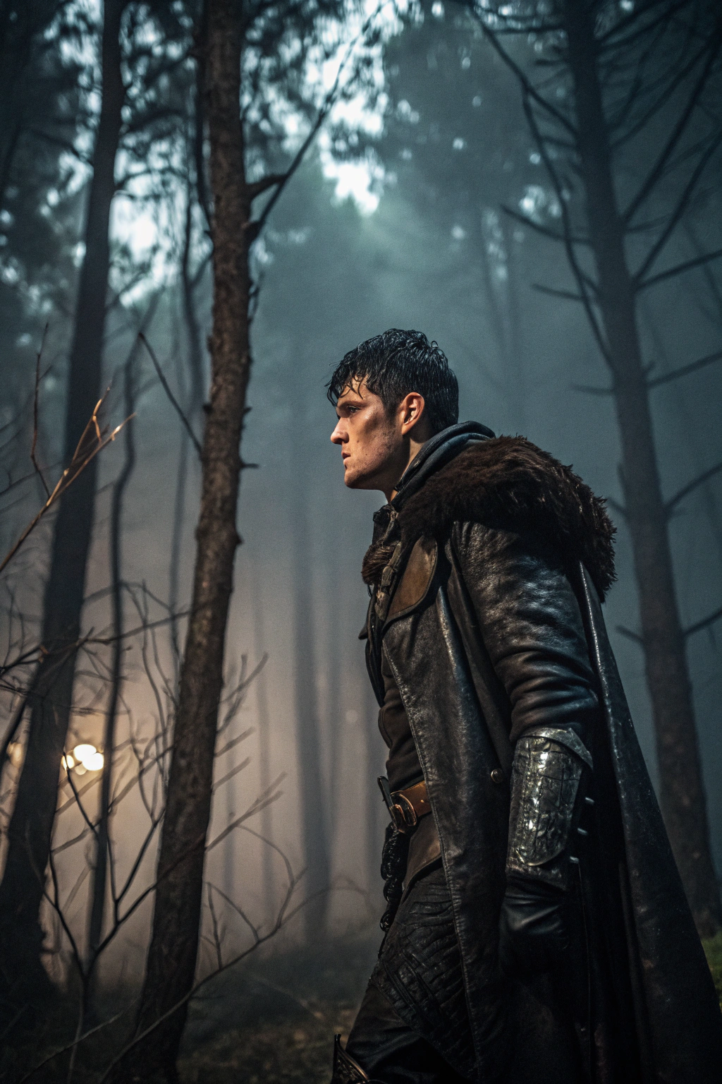 AI generated image by Red Panda AI: Make a picture of Guts from Berzek. The scene takes place in a forest at night after an exhausting battle. It is a close up on Guts, who is standing alone, wet, exhausted but still determinated. The atmosphere is dark and violent. The picture has to be in a dark fantasy realistic style but a bit cheap like the 1970's Hollywood movies.