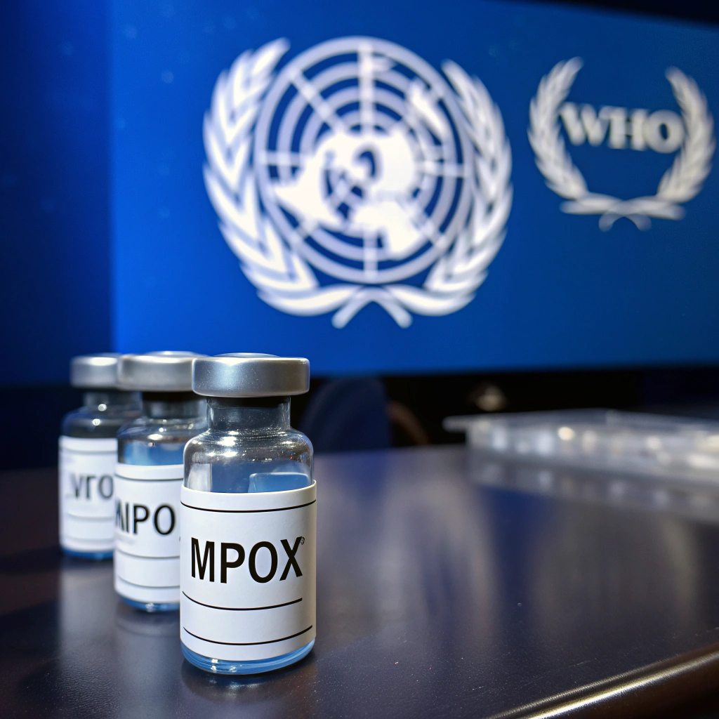 AI generated image by Red Panda AI: Photo-realistic bottles of vaccine in a dark-blue surrounding, in the back one can see the logo of the WHO, on the bottles one can see "MPox"