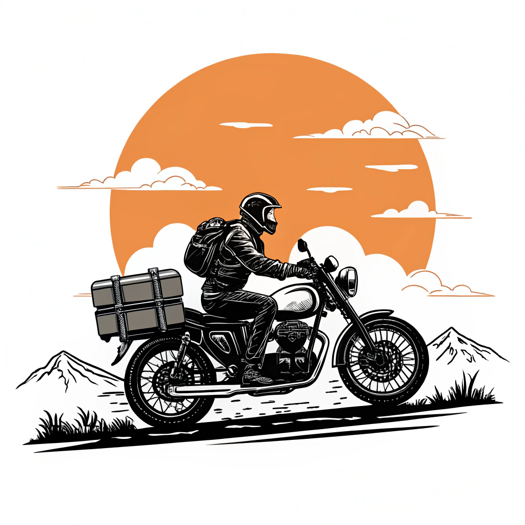 AI generated image by Red Panda AI: Crea una ilustración tipo logo de estilo vintage realista en blanco y negro, que muestre a un motoviajero sobre una moto de aventura cargada con equipaje (usa la silueta de la motocicleta y el conductor de la primera imagen). Coloca como fondo un gran sol redondo color naranja con nubes estilizadas, como en la segunda imagen. El diseño debe tener un estilo limpio y profesional, con líneas claras y contraste fuerte, ideal para usarse en stickers o logos. El texto puede omitirse o reemplazarse con un espacio para eslogan.