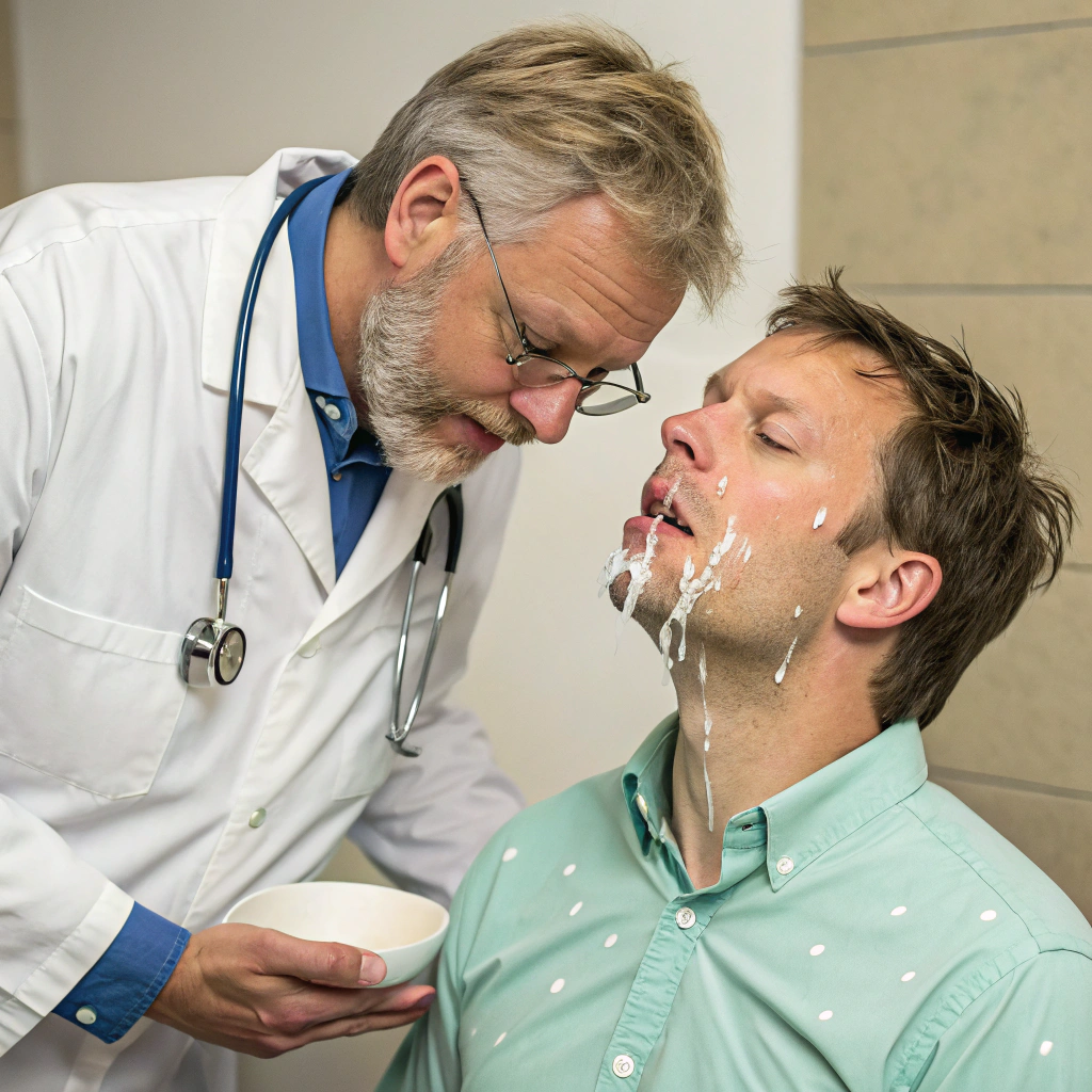 AI generated image by Red Panda AI: Urologist taking care of patient with his mouth full of milk. Spreading milk all over his face