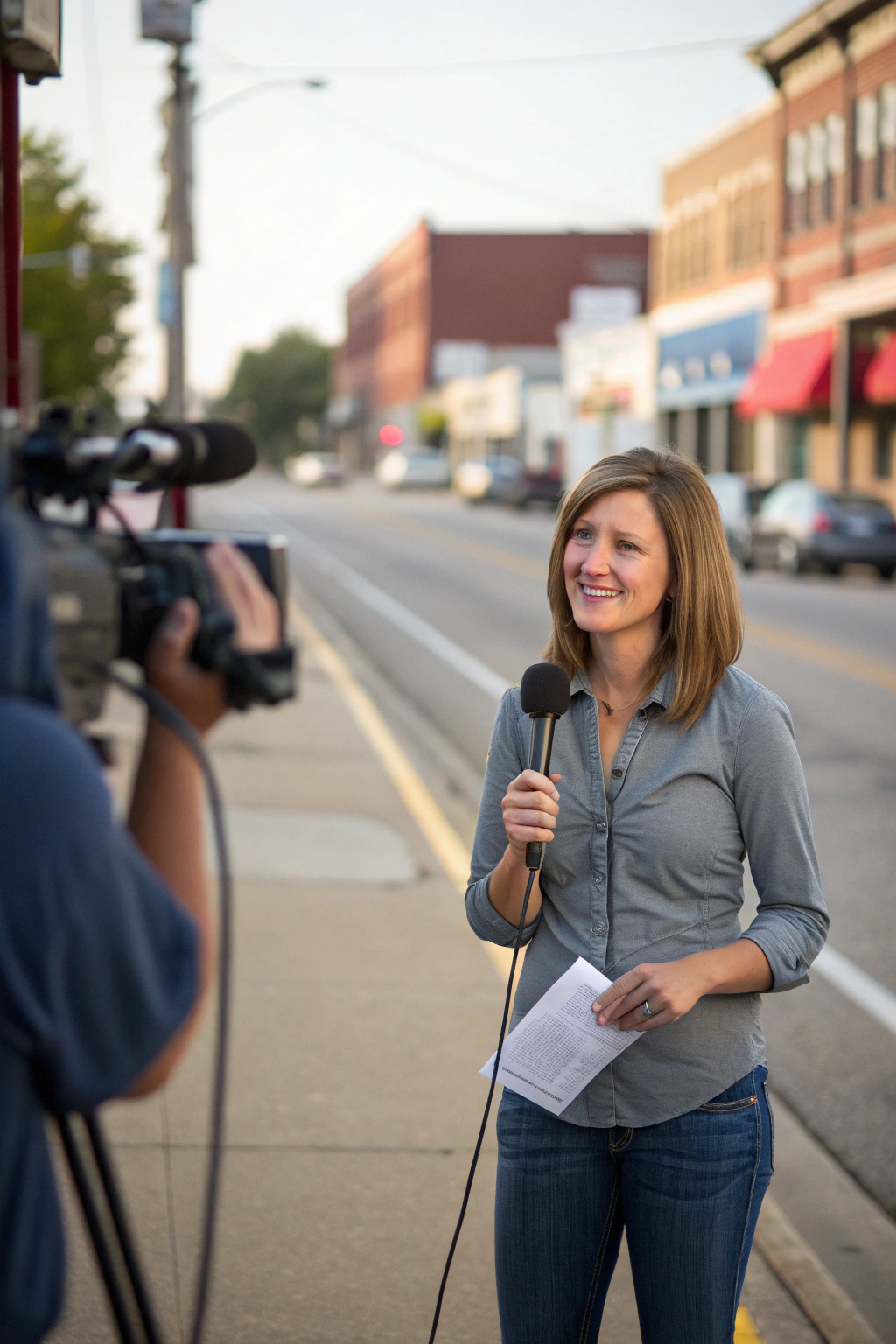 AI generated image by Red Panda AI: A candid photojournalistic portrait of a midwestern female news reporter in her early 30s, average looking, not super attractive, candid natural smile, minimal makeup, shoulder-length light brown hair, casual business attire, standing in a small-town newsroom, natural lighting, Canon 5D mark IV style, photojournalism, documentary photography, not posed, natural and in conversation