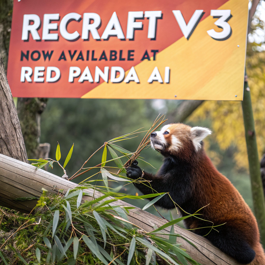 AI generated image by Red Panda AI: a red panda eating a bamboo in front of a poster that says "recraft V3 now available at red panda ai