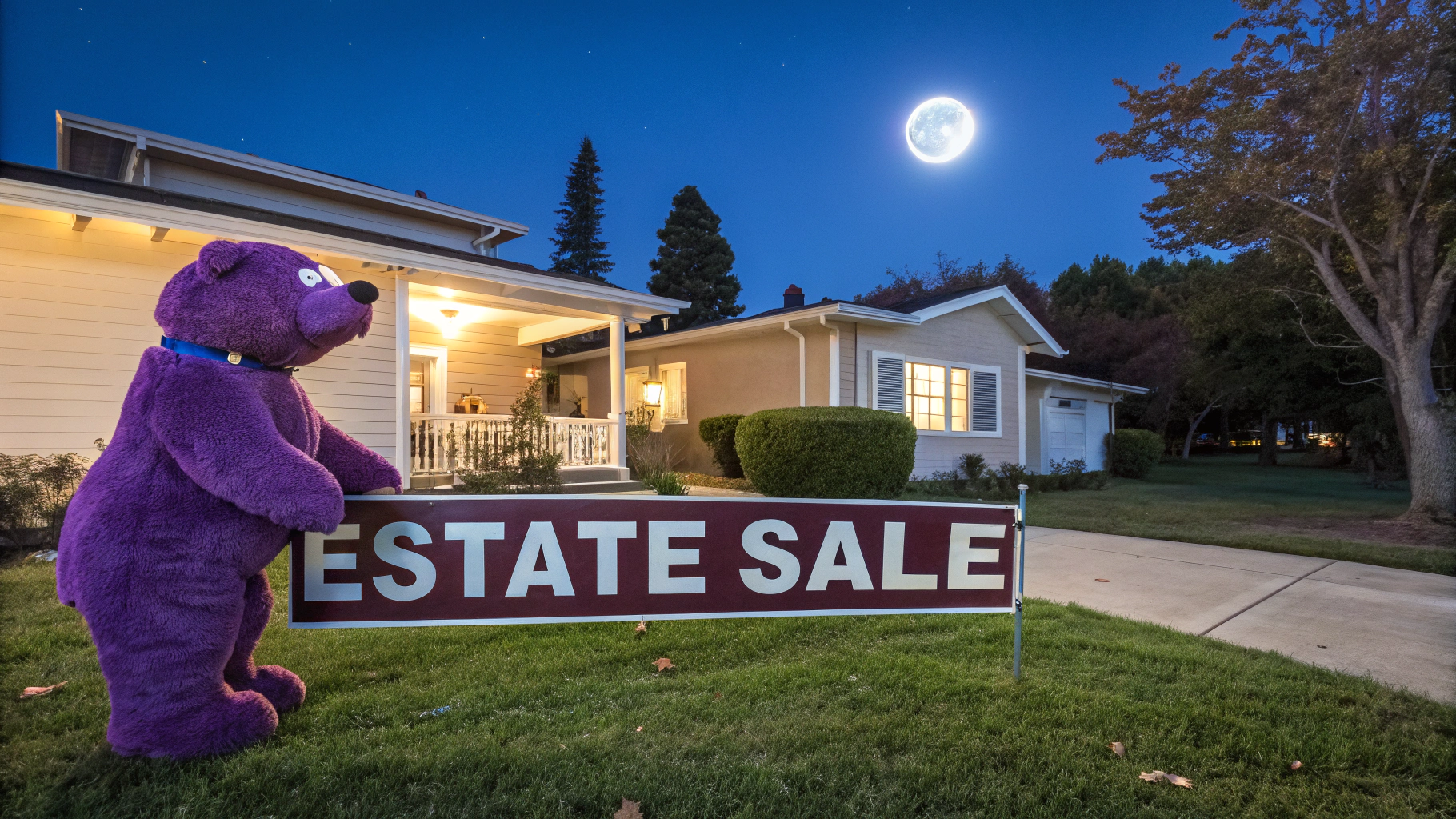 AI generated image by Red Panda AI: a purple bear is outside a nice house and clean house, the house is clean and well-kept, the purple bear is looking up at a blue moon in the sky, there is a big sign that says "Estate Sale" in clear bold readable font, the sign in the yard says "Estate Sale" in big letters, the house is a nice house the kind that grandma lives in