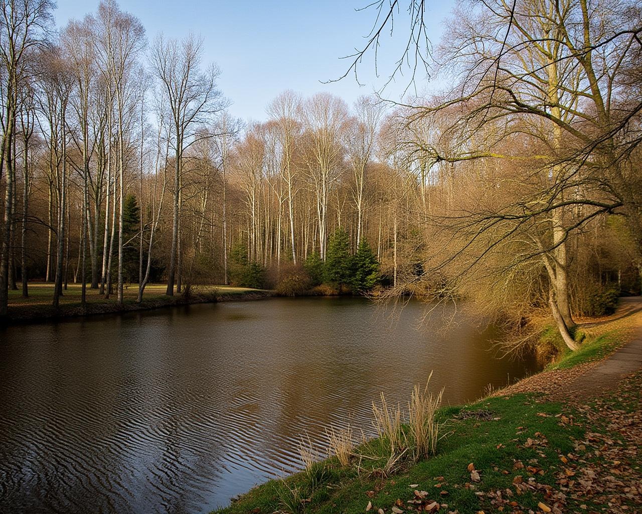 AI generated image by FLUX.1-pro: Создай изображение осеннего парка. На переднем фоне слева ствол клёна, с которого падают жёлтые и красные кленовые листья. Падает много-много листьев. Задний фон размыт, но угадываются осенние деревья – дубы и берёзы. Ещё на заднем плане пруд и скамейка на его берегу. Скамейка в правой части изображения. Солнечная погода. Фотографическое качество. Высокая детализация.