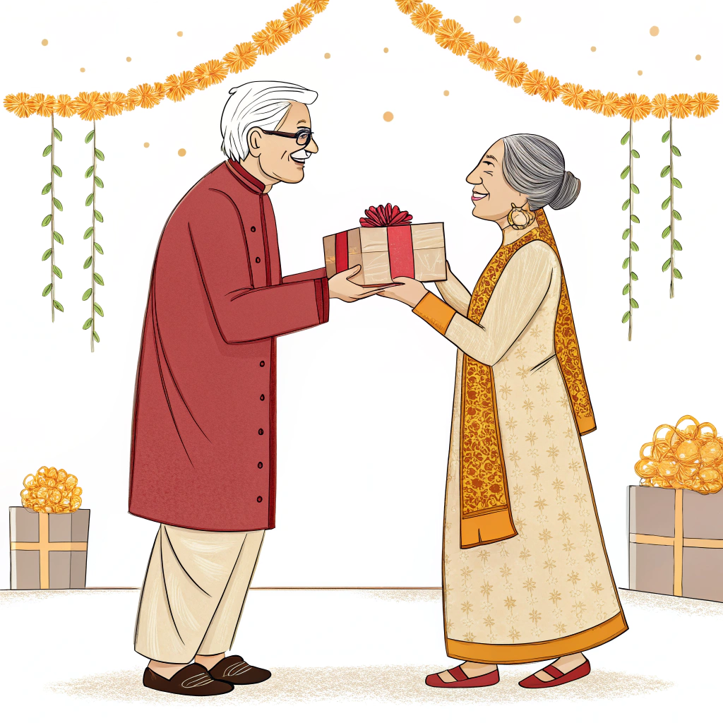 AI generated image by Red Panda AI: An elderly couple in a festive sherwani and a gharara. The couple should be exchanging gifts in a modern cartoon art style with ruby, beige, and bronze colors and a few marigold garlands in the background.