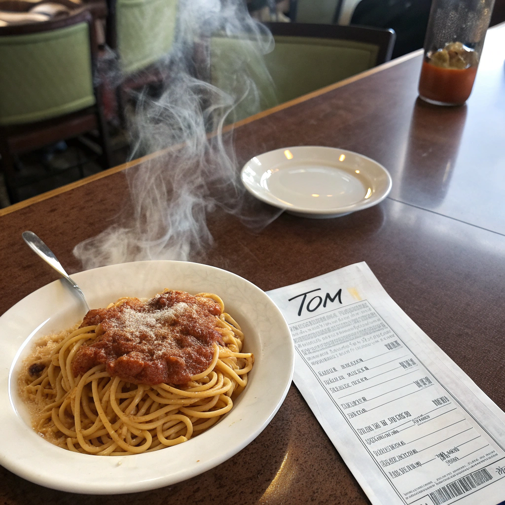AI generated image by Red Panda AI: There is a plate of steaming spaghetti on the table, and next to it is a paper bill, signed by Tom, from a top-down perspective.