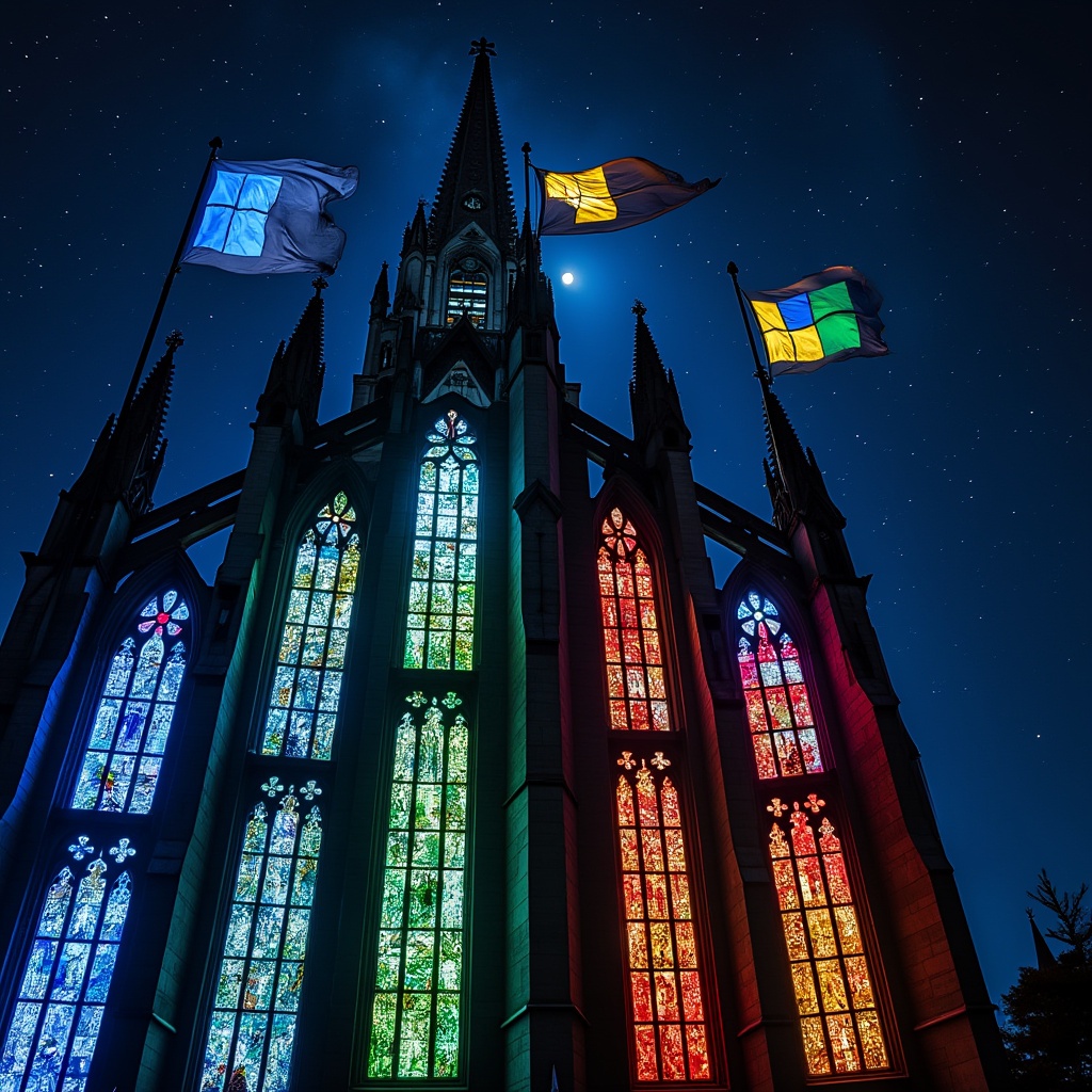 AI generated image by FLUX.1-pro: A towering Gothic cathedral at night, shot from a low angle, with massive stained glass windows prominently featuring Microsoft Windows logos in their signature blue, green, red, and yellow colors. The illuminated logos shine brightly through the windows, casting colorful light across the cathedral's gothic architecture. Large Microsoft flags dramatically wave from the cathedral's highest points against a starry dark sky.