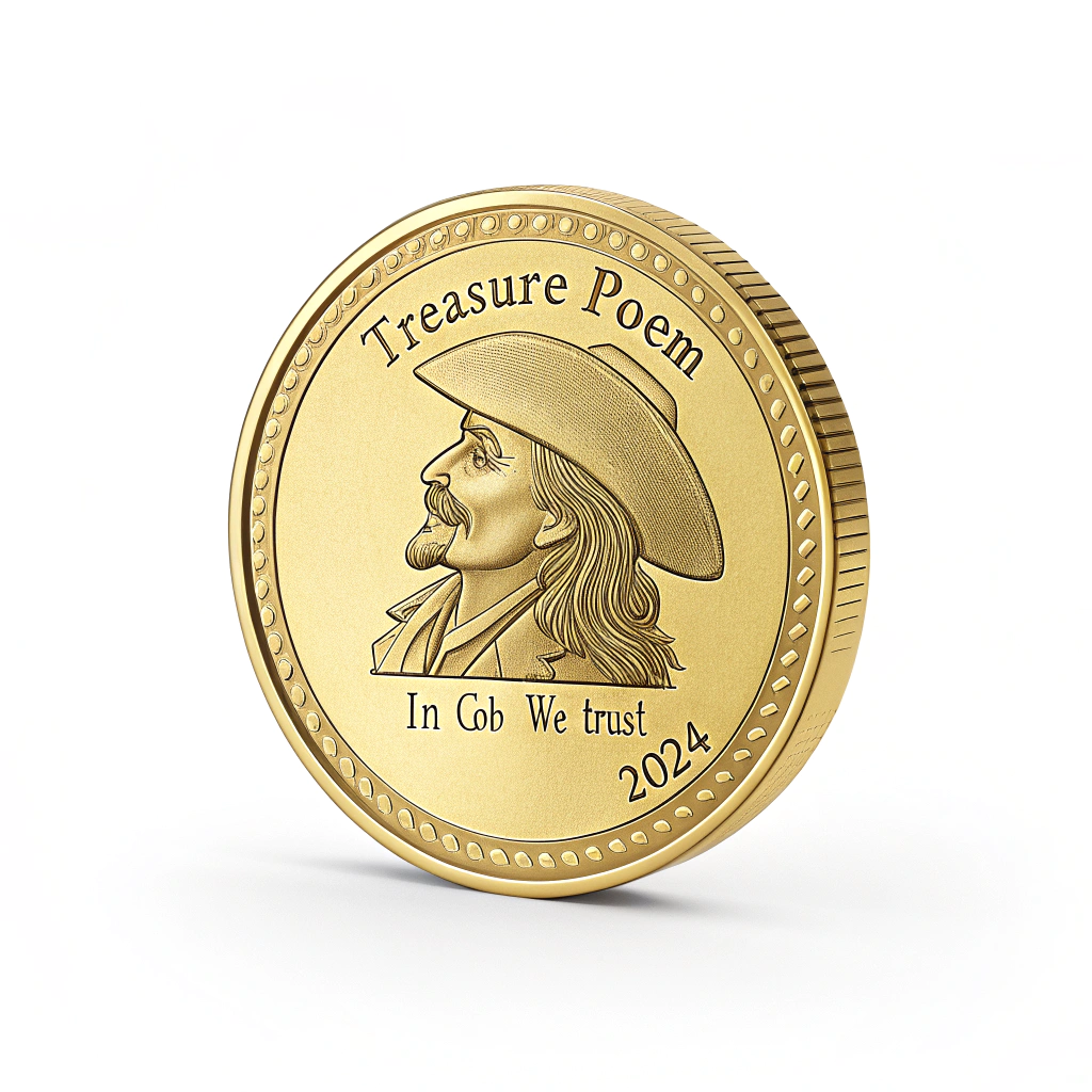 AI generated image by Red Panda AI: Gold coin with clearly visible and legible text, with "TREASURE POEM" arching around the top of the gold coin. In the center of the gold coin a head shot showing a pirate on the gold coin. Near the bottom left side clearly visible and legible text, with "IN GOD" and to the right side of "IN GOD" the words clearly visible and with legible text, "WE TRUST" and below the words IN GOD WE TRUST the year "2024" in clearly visible and legible text arching around the bottom of the gold coin.