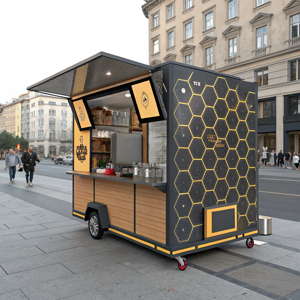 AI generated image by Red Panda AI: "Create an image of a fully mobile, compact food vending unit, designed for street food sales. The unit should be portable and functional, with a striking geometric design based on a hexagonal pattern. It should feature a combination of durable materials like metal, wood, or plastic, and have a compact size that allows easy movement and setup on busy streets. The unit should include essential elements such as a serving counter, a small cooking or warming station, and storage for ingredients or supplies. The overall look should be sleek, modern, and efficient, with a unique hexagonal motif incorporated into the structure and the visual elements. The background should show an urban environment, with pedestrians and the energy of a busy street scene."
