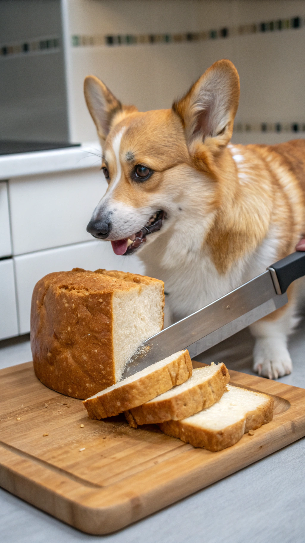 AI generated image by Red Panda AI: A corgi is gripping a bread knife with its front paw like a human being. The corgi is slicing into a solid loaf of bread.