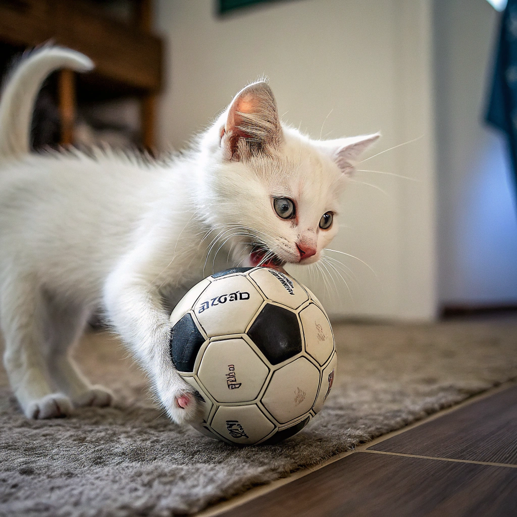 AI generated image by Red Panda AI: gato blanco joven mordiendo un balón de futbol