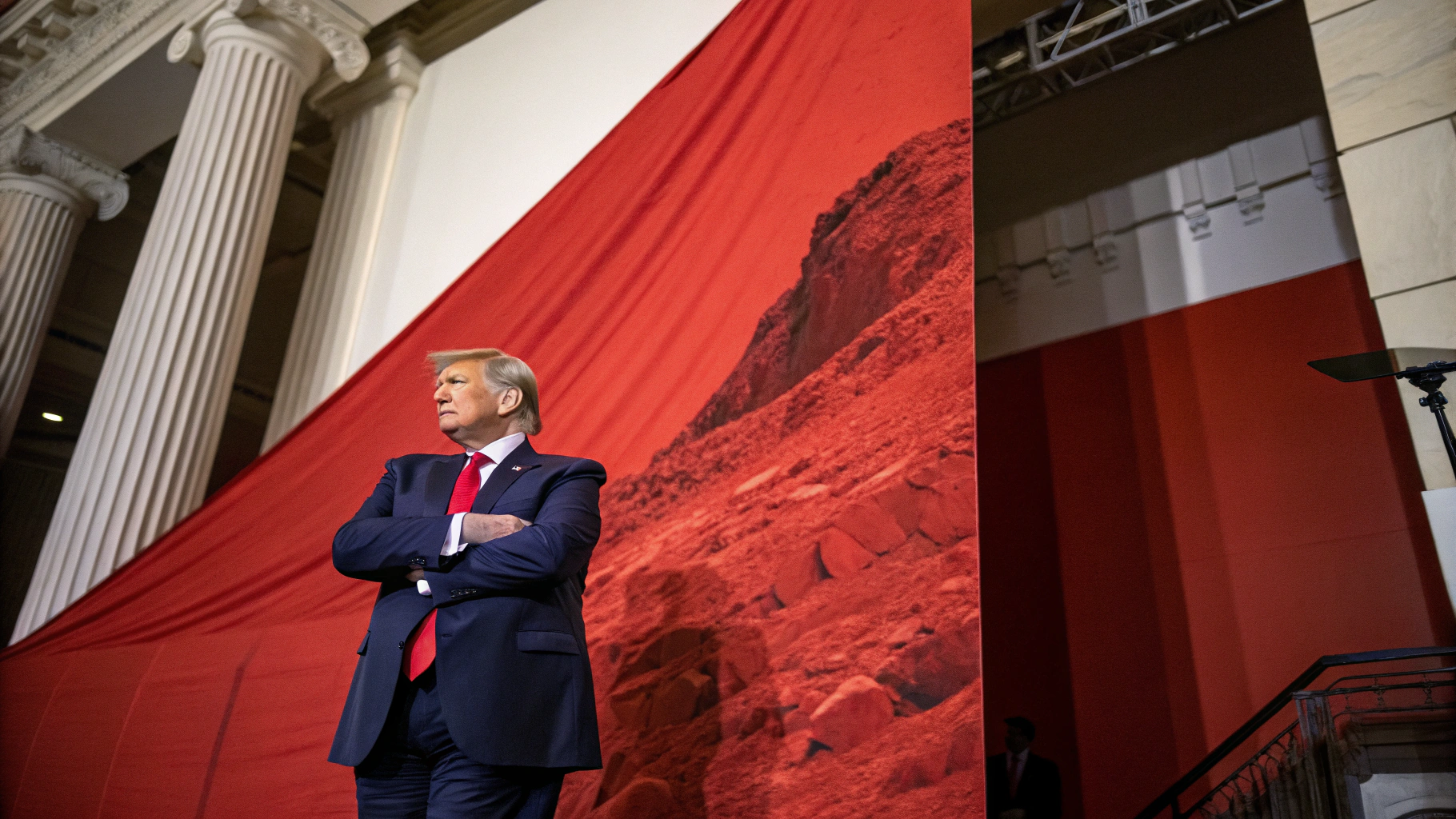 AI generated image by Red Panda AI: Donald Trump confidently standing in front of a giant red landslide.