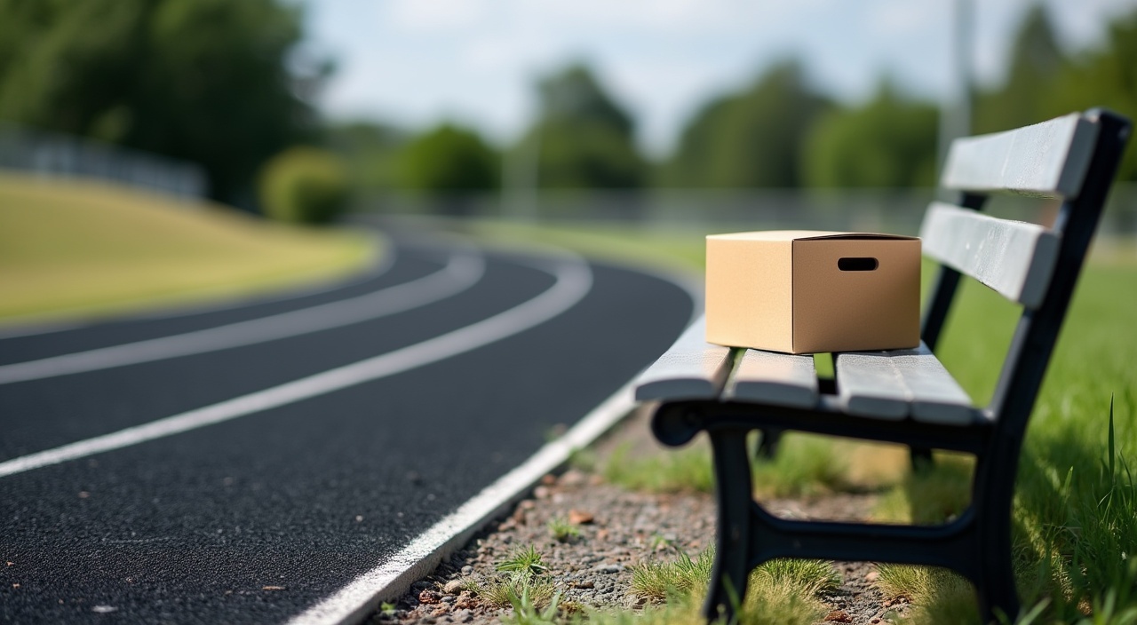 AI generated image by FLUX.1-pro: A realistic photograph of a small box sitting on an angled metal bench with a running track in the background. The bench with the box should take up the lower right corner of the composition, and sit off to the side of the track in grass, gravel or another outdoor surface. The track and scenery takes up the upper left two thirds of the composition. The track itself should take up as much of the background as possible while still looking realistic in perspective. The running track is made of black rubber turf with white stripes, and the curved part of the track is what is visible to the camera. The photo should include sky and trees off in the far distance with lens blur, while the box and the bench should be in full focus.