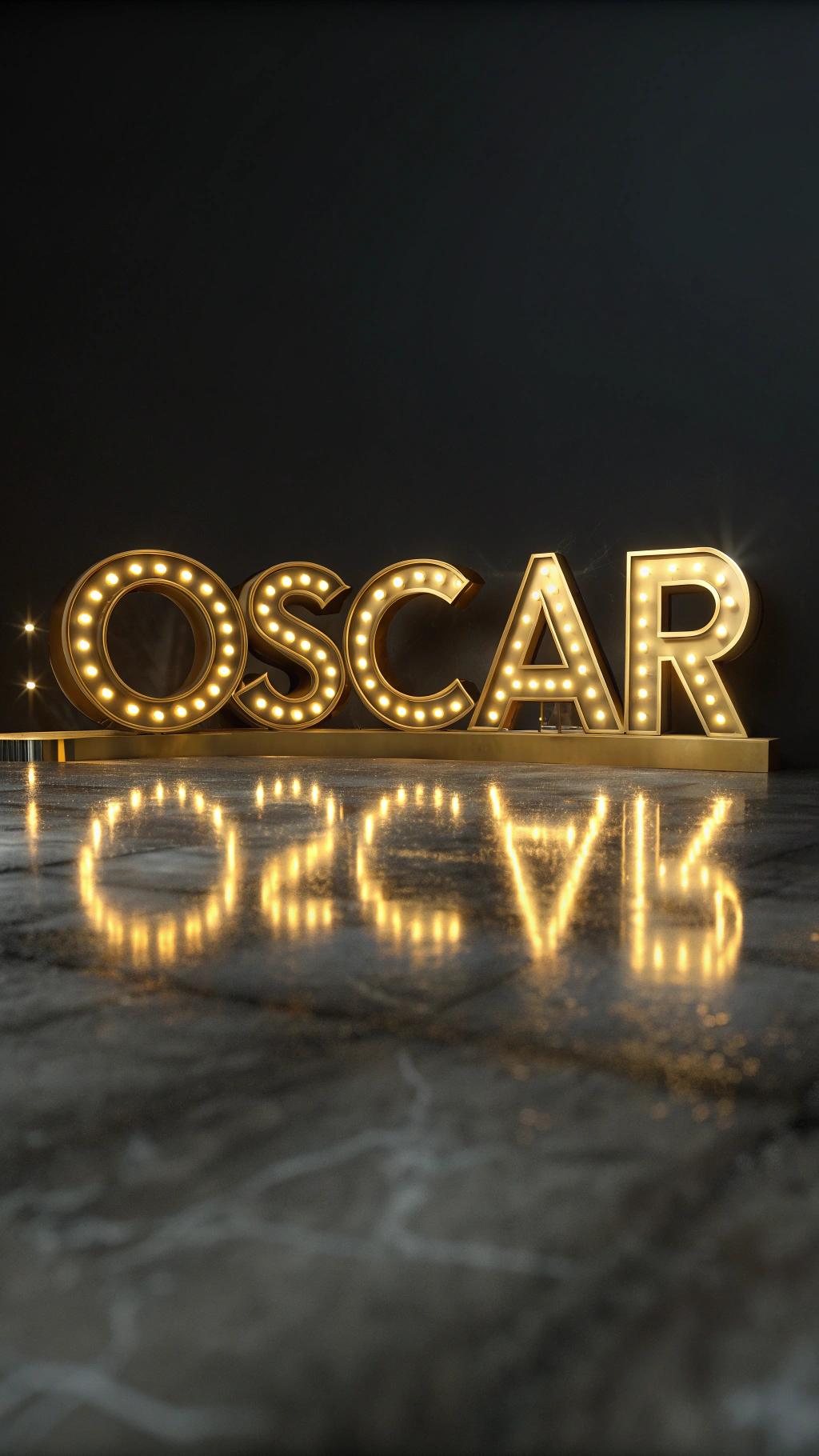 AI generated image by Red Panda AI: Genera la palabra OSCAR en 3D con un efecto ORO y reflejo sobre la superficie sobre un fondo oscuro.