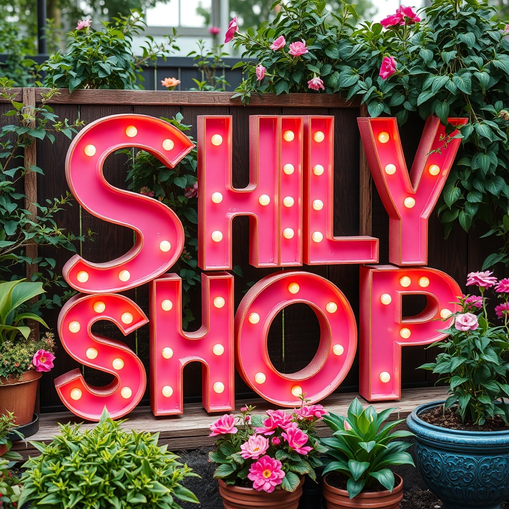 AI generated image by FLUX.1-schnell: extrud text color pink in bilboard in garden : shily shop