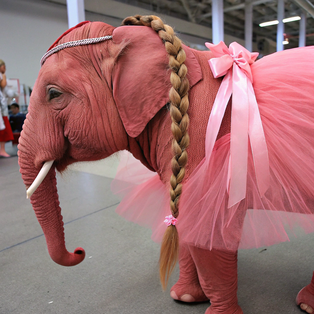 AI generated image by Red Panda AI: elefant amb ratlles de rosa claret textura suau, sense pel amb cua de porc y un llaçet el cabell trençat y un tutu a de ser gruixat