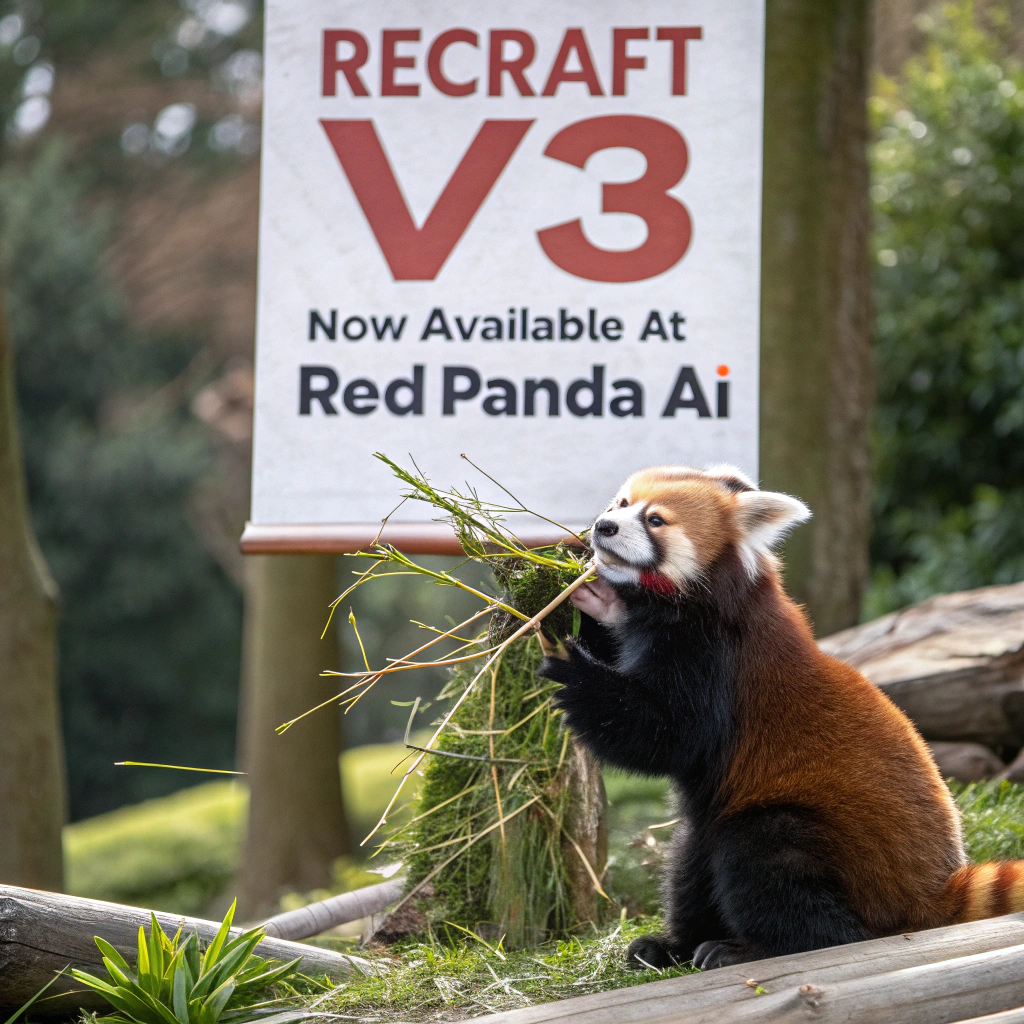 AI generated image by Red Panda AI: a red panda eating a bamboo in front of a poster that says "recraft V3 now available at red panda ai