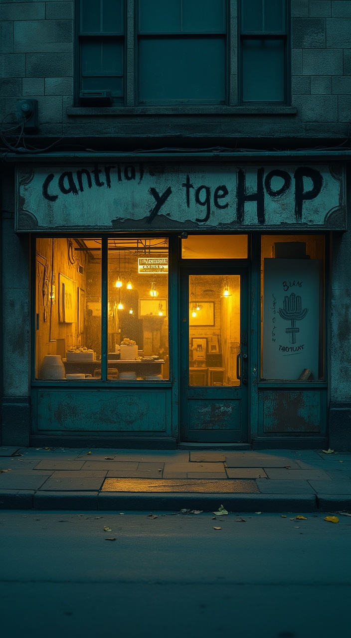 AI generated image by FLUX.1-pro: An old shop on a deserted street corner; the sign is worn and partially illegible; dirty windows with weak reflections of interior light; flickering lights create an eerie effect; 8K resolution, cinematic style with dramatic lighting; 50mm lens to capture the full urban context; marked depth of field with sharp store front and blurred background; cool color palette with yellow accents in interior lights; 21:9 format.