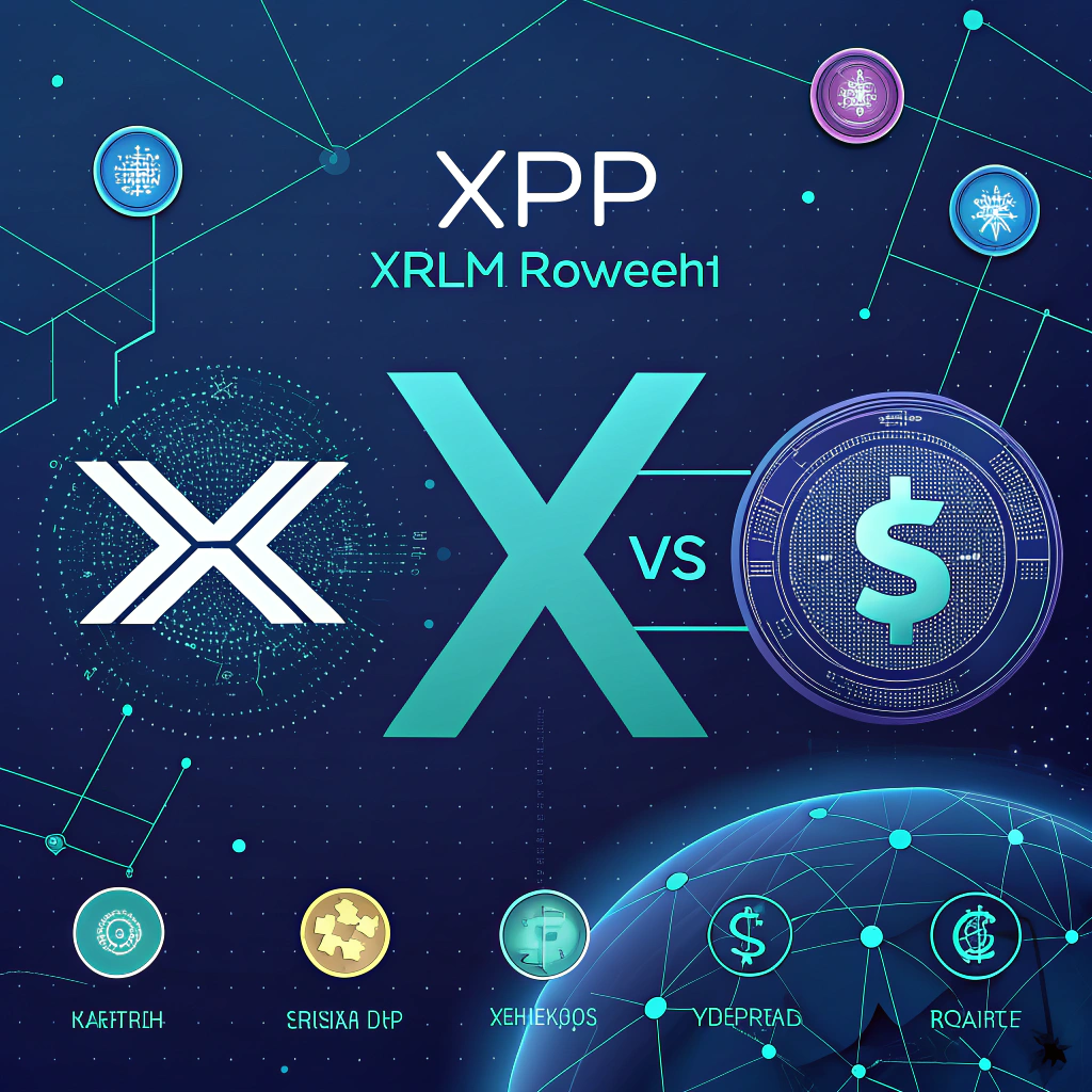 AI generated image by Red Panda AI: Futuristic banner for a blogpost, with sci-fi cold colors and elements like network, financial, cross-board, payment , in a financial article design and style. Big title "XRP vs XLM", same font and small subtitle "in 2024"