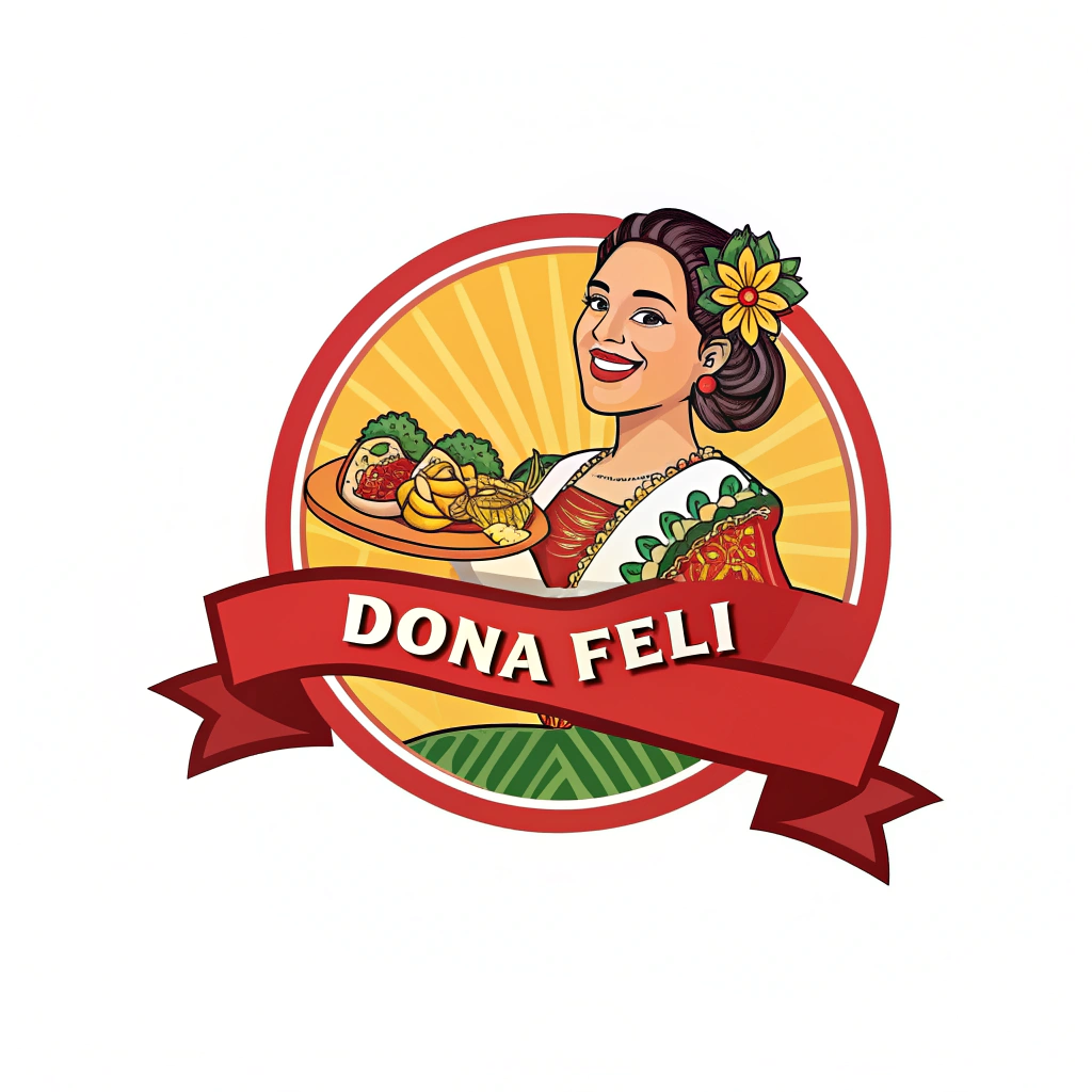 AI generated image by Red Panda AI: CREA UN logotipo colorido de antojitos mexicanos que tenga a una señora con comida. en una cinta roja que tenga el nombre ''DOÑA FELI'' que resalte