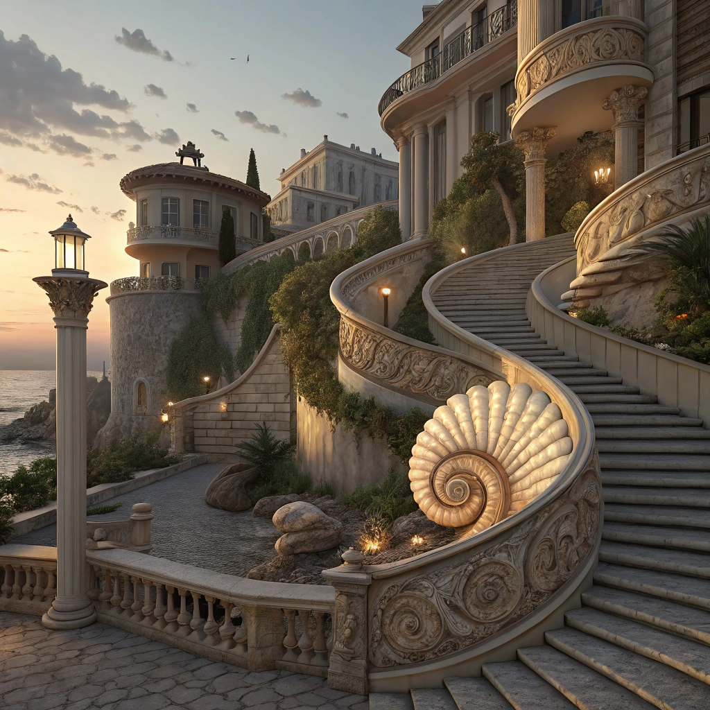 AI generated image by Red Panda AI: "Una ciudad fantástica inspirada en Isidora, con edificios elegantes que tienen escaleras de caracol hechas de piedra y decoradas con patrones de conchas marinas. Las escaleras están diseñadas con detalles intrincados que evocan la textura de caracoles y nácar, brillando suavemente bajo la luz del sol. La arquitectura combina estilos clásicos y elementos marinos, con columnas adornadas y balcones con motivos de olas y conchas. El paisaje está bañado por una luz cálida al atardecer, resaltando los tonos naturales de los materiales. El enfoque está en las escaleras de caracol, con un ambiente mágico y etéreo