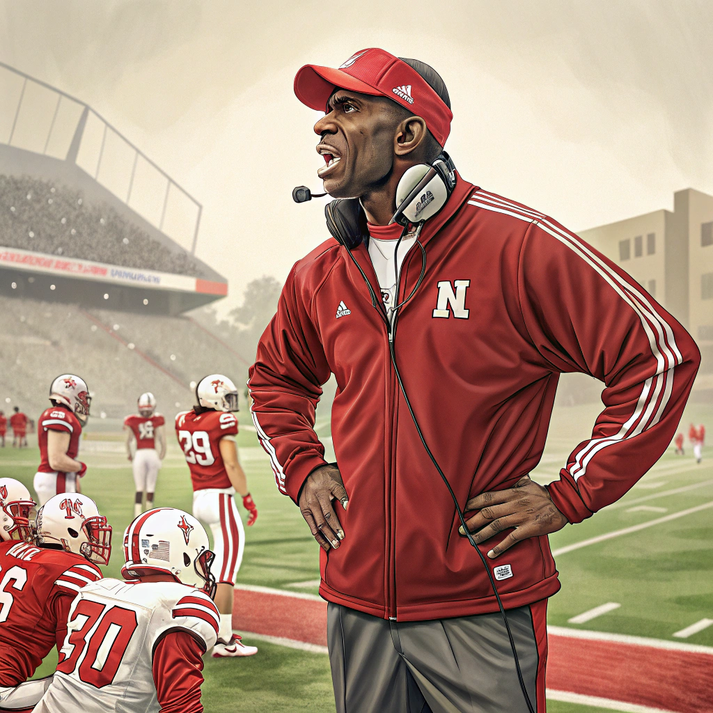 AI generated image by Red Panda AI: deion sanders as coach for the nebraska cornhuskers