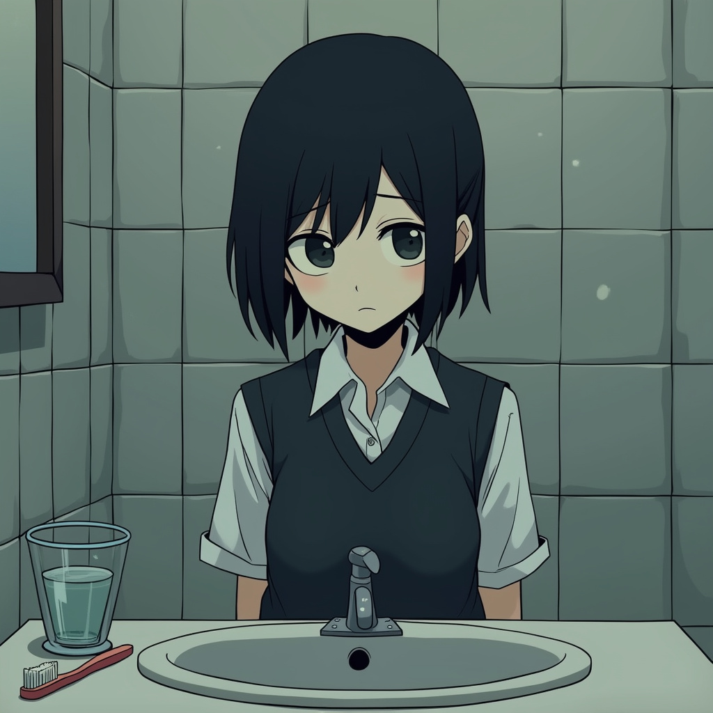 AI generated image by FLUX.1-pro: Omocat's omori game artstyle, The image depicts a young person standing behind a bathroom sink, their expression somber. Their dark hair is neatly styled, and they are dressed in a white shirt with a dark vest. The tiled walls behind them are plain and featureless, creating a sense of isolation. The only other elements in the scene are a toothbrush and a glass on the counter, suggesting a routine that the individual may find difficult to engage in. The overall mood of the image is melancholic, hinting at a sense of loneliness or sadness. The subdued colors and minimalist composition further contribute to the somber atmosphere. The image leaves room for interpretation, inviting viewers to consider the inner thoughts and feelings of the subject.style: dark fantasy