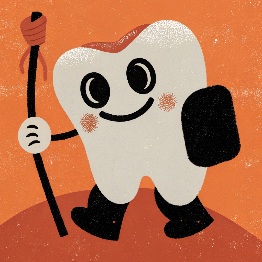AI generated image by Red Panda AI: generates a happy tooth by holding a stick with a cloth as a backpack