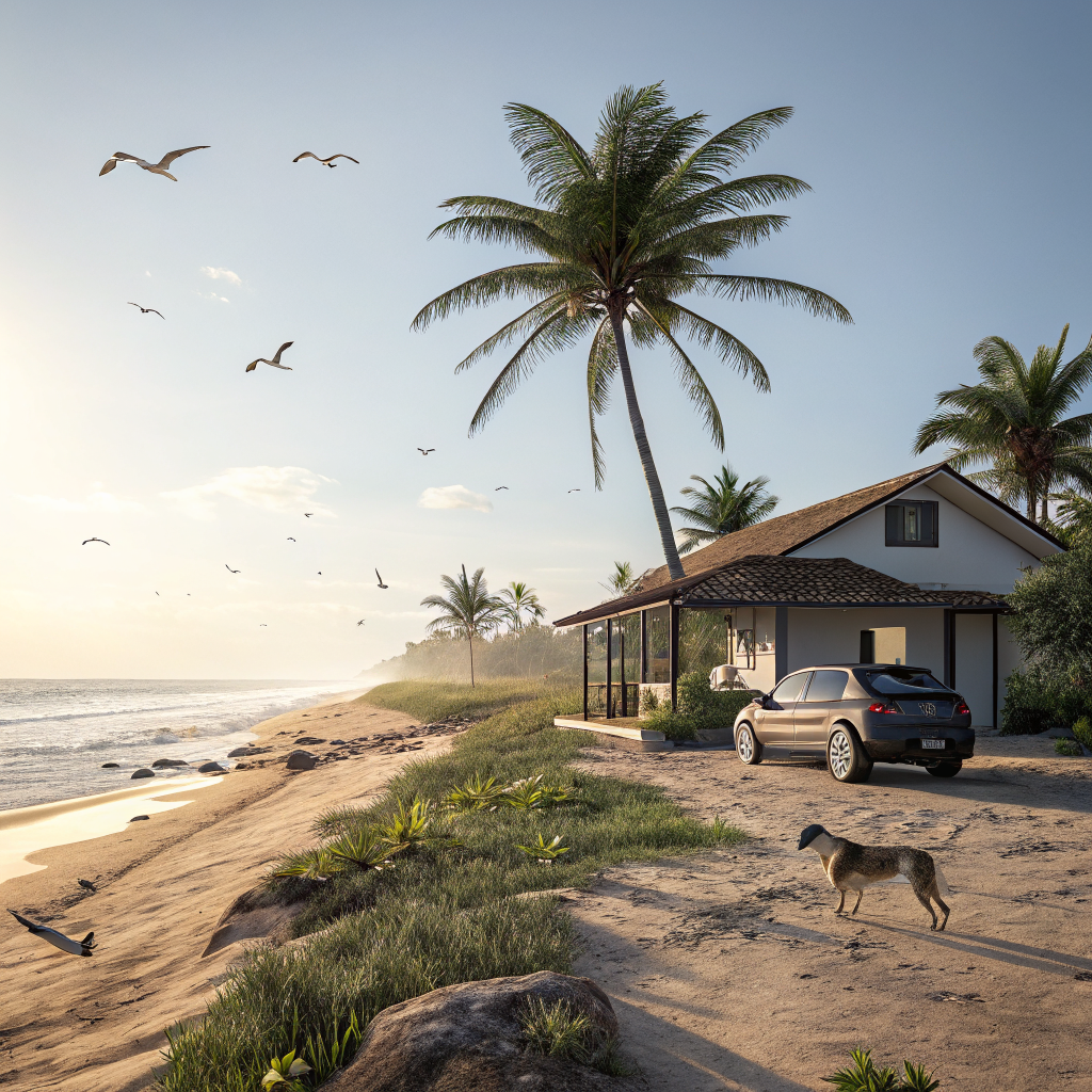 AI generated image by Red Panda AI: Imagen realista de un paisaje con Playa, sol, auto, casa, palmera, bar, bandada de pájaros, un perro y un coco