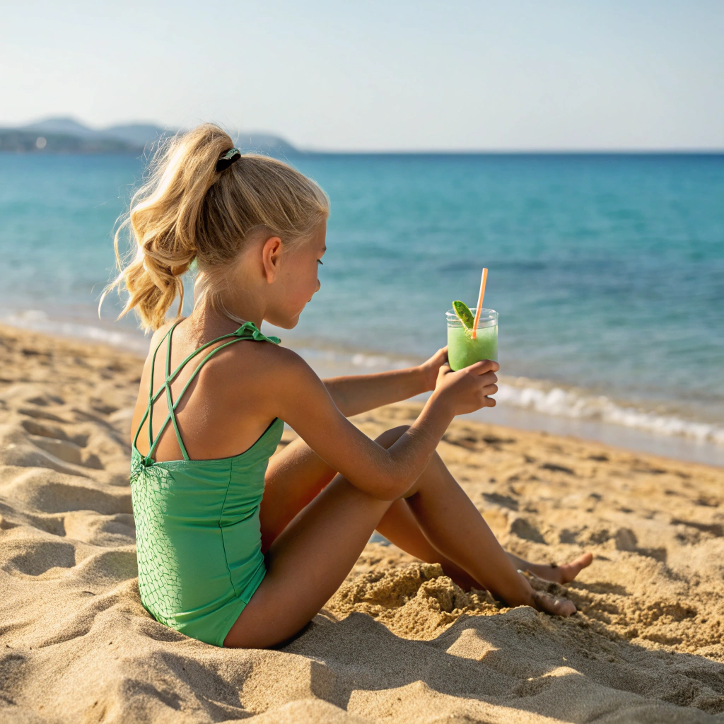 AI generated image by Red Panda AI: a blond girl at the beach, she seats in the sand, she drinks mojito, she has green swimsuit