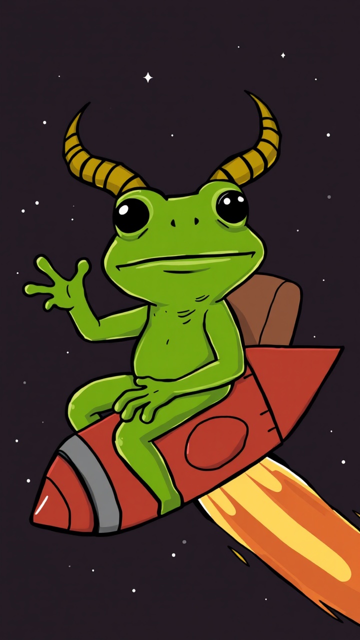 AI generated image by FLUX.1-schnell: Generate a picture of Pepe The Frog with 2 horns on his head, the horns have no pattern, and the horns and entire body are dark green as he rides a rocket to Mars