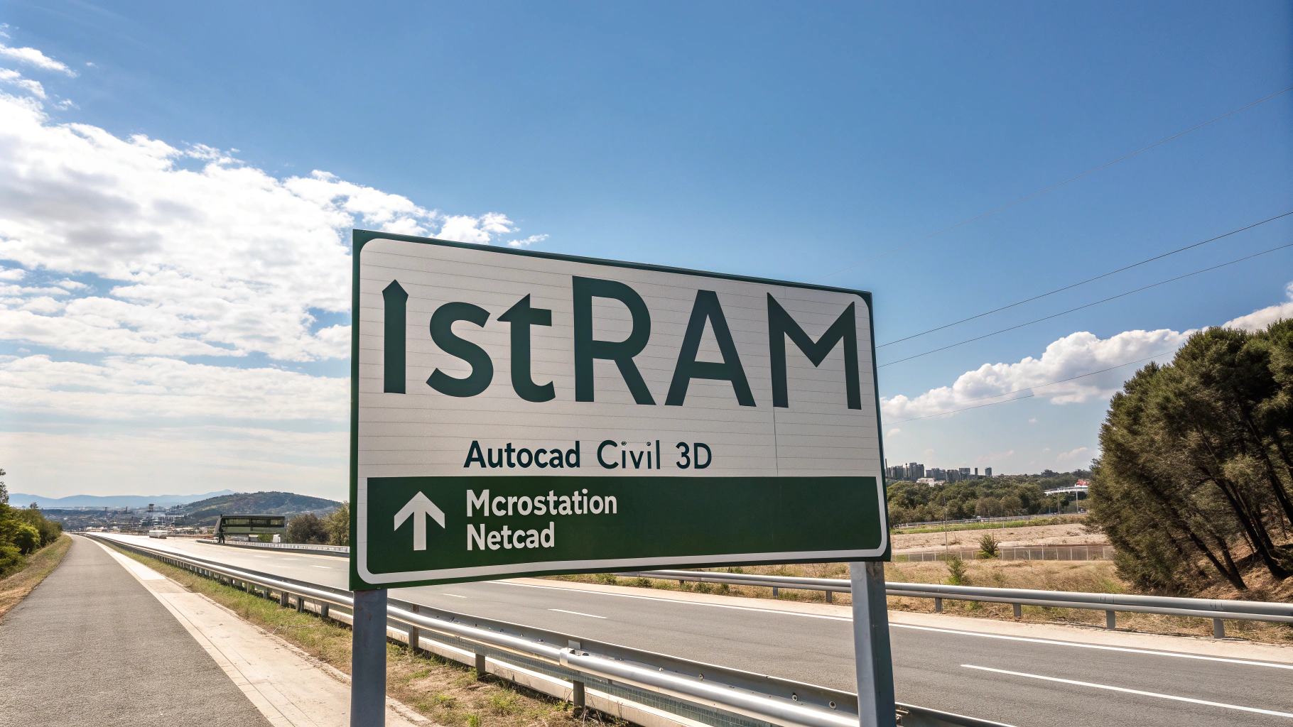 AI generated image by Red Panda AI: A high-definition image of a highway sign with the text "istram" in the largest and most emphasized font. Below the "istram" text, there are other texts: "Autocad Civil 3D", "Microstation", and "Netcad". The background is a clear blue sky with a few white clouds. The sign is placed on the side of a highway.