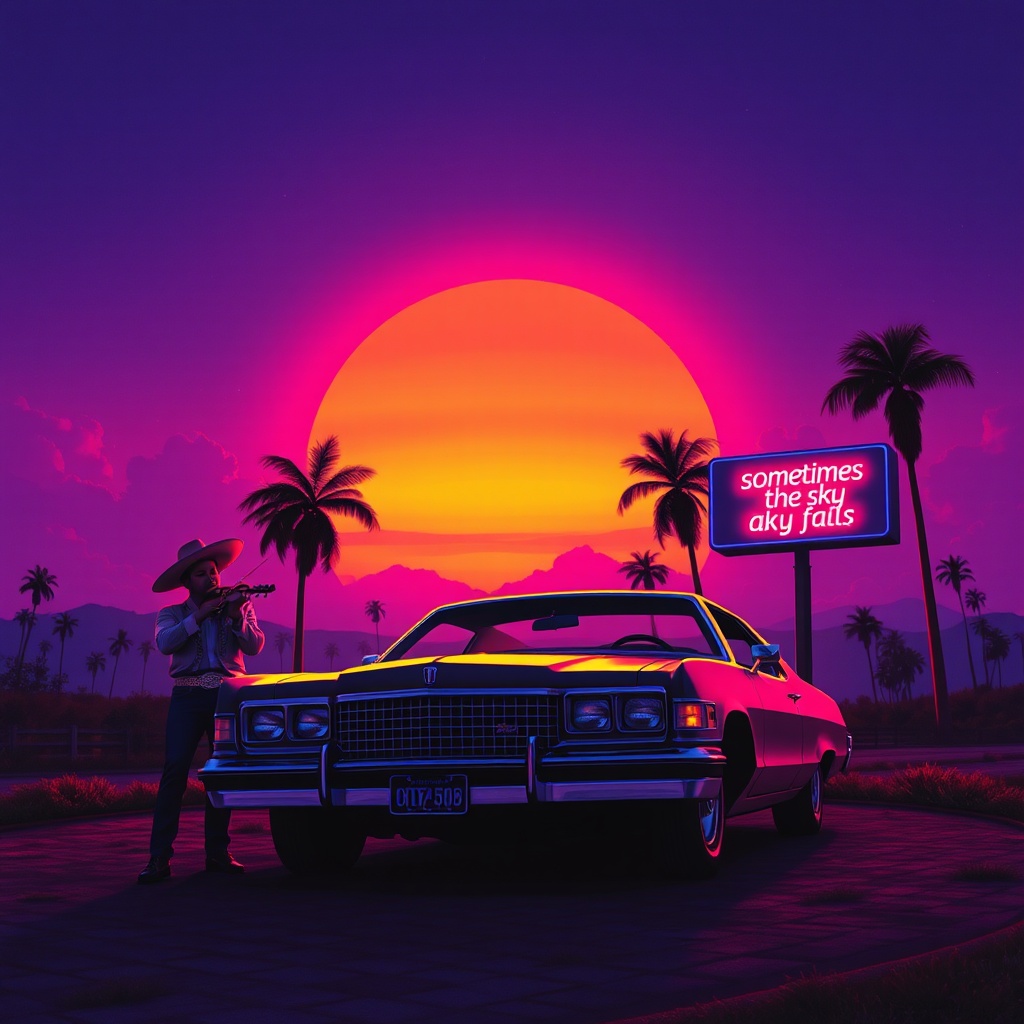 AI generated image by FLUX.1-schnell: Funk Latin music album cover, purple huge sunset with mariachi band around a '70s Gran Torino car with palm trees and a neon sign with the words " sometimes the sky falls"