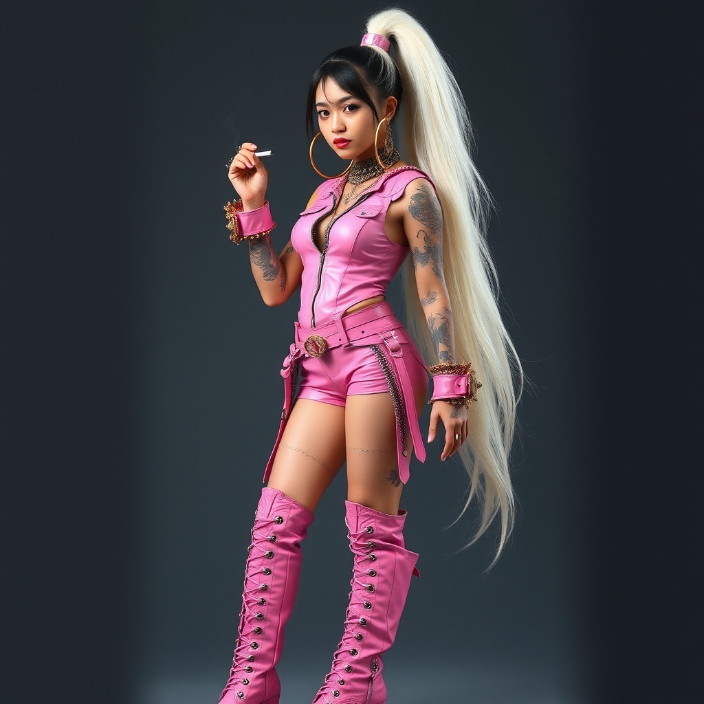 AI generated image by FLUX.1-schnell: Full-body image of a beautiful Asian girl. Dressed in pink leather and knee-high boots with a long white high ponytail. Large hoop earrings as wide as her face, multiple facial piercings, and tattoos. The bulky jewelry and accessories create a fantastical appearance. Smoking a cigarette, standing tall, and showing off the boots.