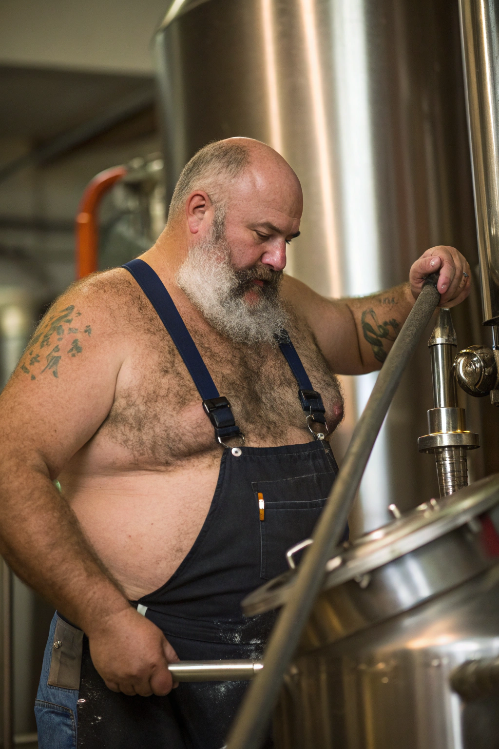 AI generated image by Red Panda AI: a 50 year old hirsute man at the brewery making beer. Man has heavy amount of body hair, hairy chest pattern, bloated bearded-belly, bald head, white and brown goatee