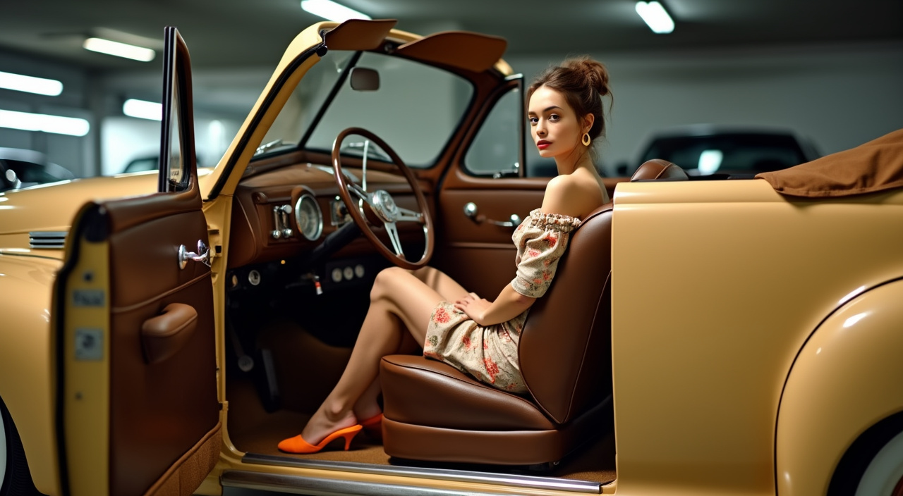 AI generated image by FLUX.1-pro: Well lit Underground garage. The interior of a tan 1946 Chevrolet convertible with the top down and doors open. The gearshift is on the steering column The dashboard is brown. The leather bench seat is dark brown. The floor is carpeted light beige. A beautiful tiny young French woman in her late 40s trim fiture is sitting on the left part of the seat behind the steering wheel. She is 150 cm tall. Her thighs are resting on the seat.. Feet are on the floorboard. Both are visible she is looking straight ahead. She has long brown hair in a bun. She has pale skin. She is wearing gold hoop earrings. Lipstick. Eye makeup. Full body including feet. Woman has pale complexion and long brown hair and brown eyes. Hair gathered in a bun. Lipstick. Subtle eye makeup. Slight smile. Beige tight-fitting off-shoulder minidress 3/4 sleeves with bright multicolor floral pattern hemmed at mid-thigh. cork ultra-high wedge slides with bright orange vamp. Camera positioned about 3 feet high just behind opened left door.