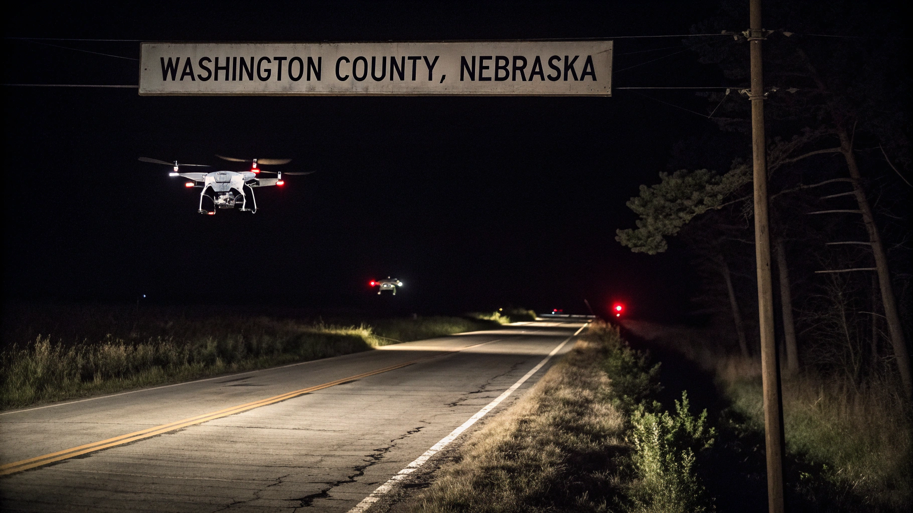 AI generated image by Red Panda AI: drones flying over a dark rural highway. A sign says "Washington County, Nebraska". The scene is dark, eerie and the drones are dystopian and scary
