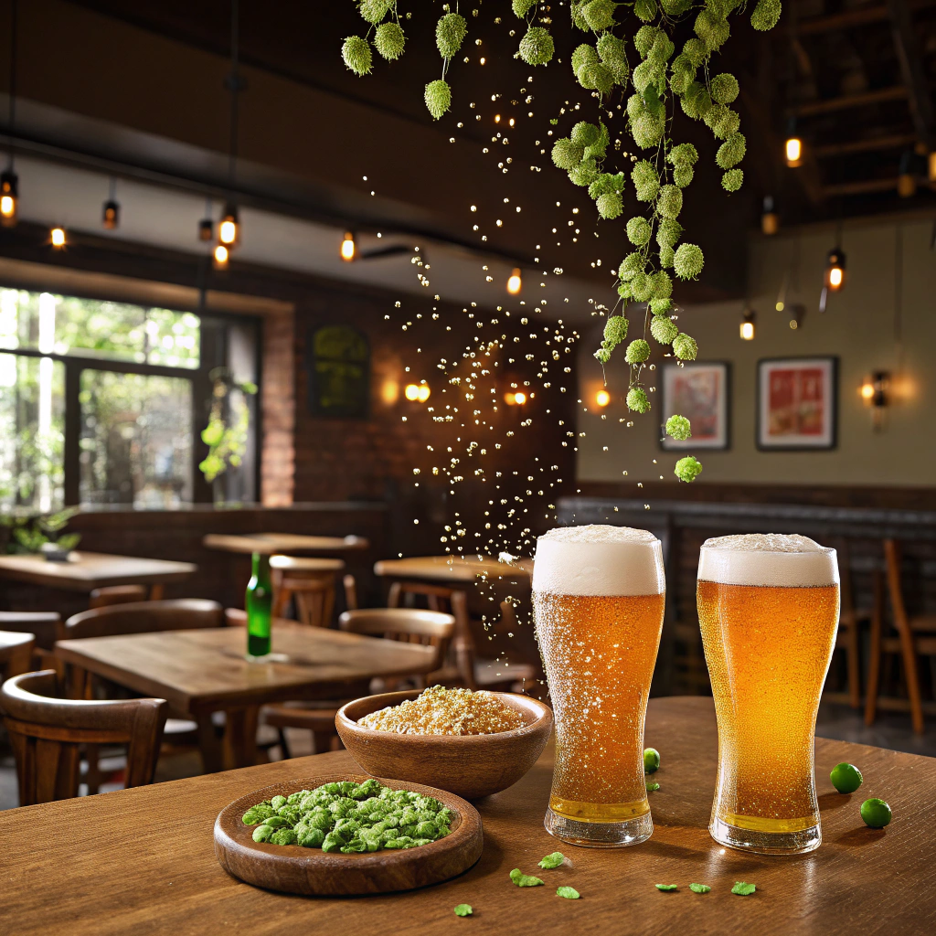 AI generated image by Red Panda AI: A party in a cool pub, with dancing beer glasses full of foaming craft beers, with a rain of hops, without people in the scene
