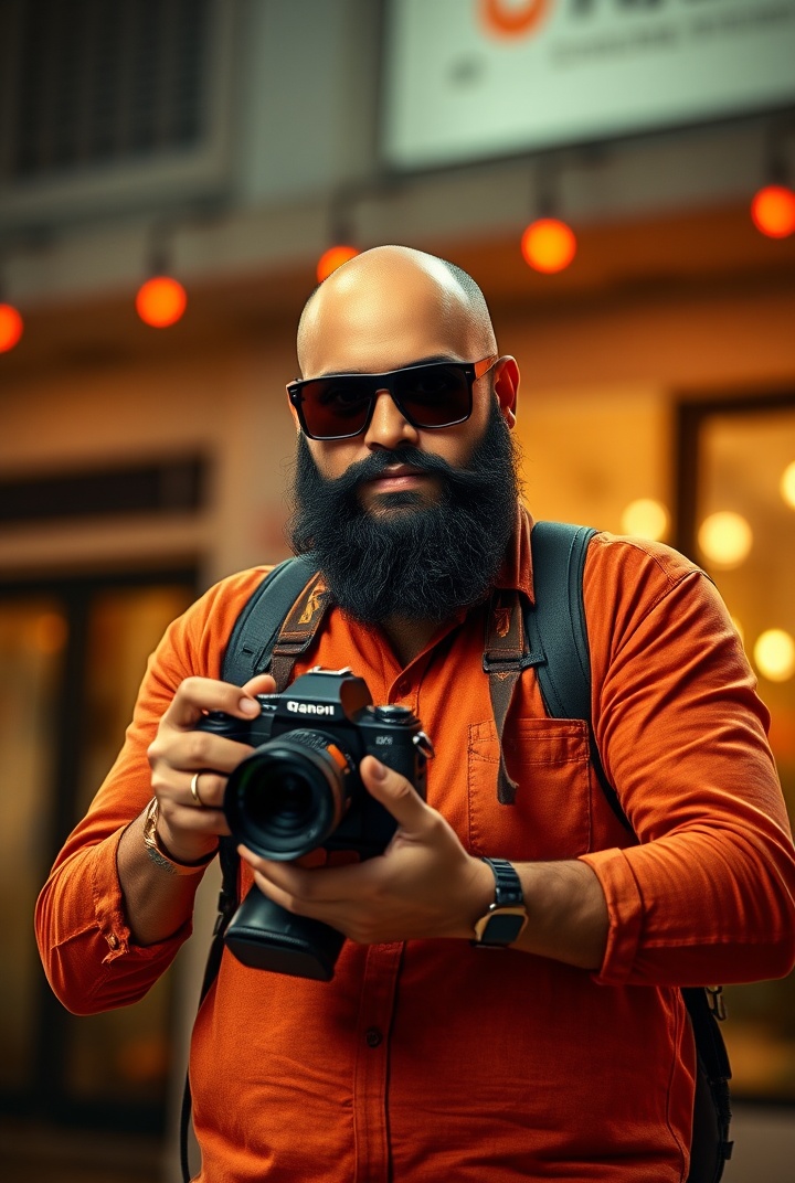 AI generated image by FLUX.1-schnell: a realistic photo of an Indian photographer holding a camera, bearded and bald, sunglasses, standing in front of a building with red lights